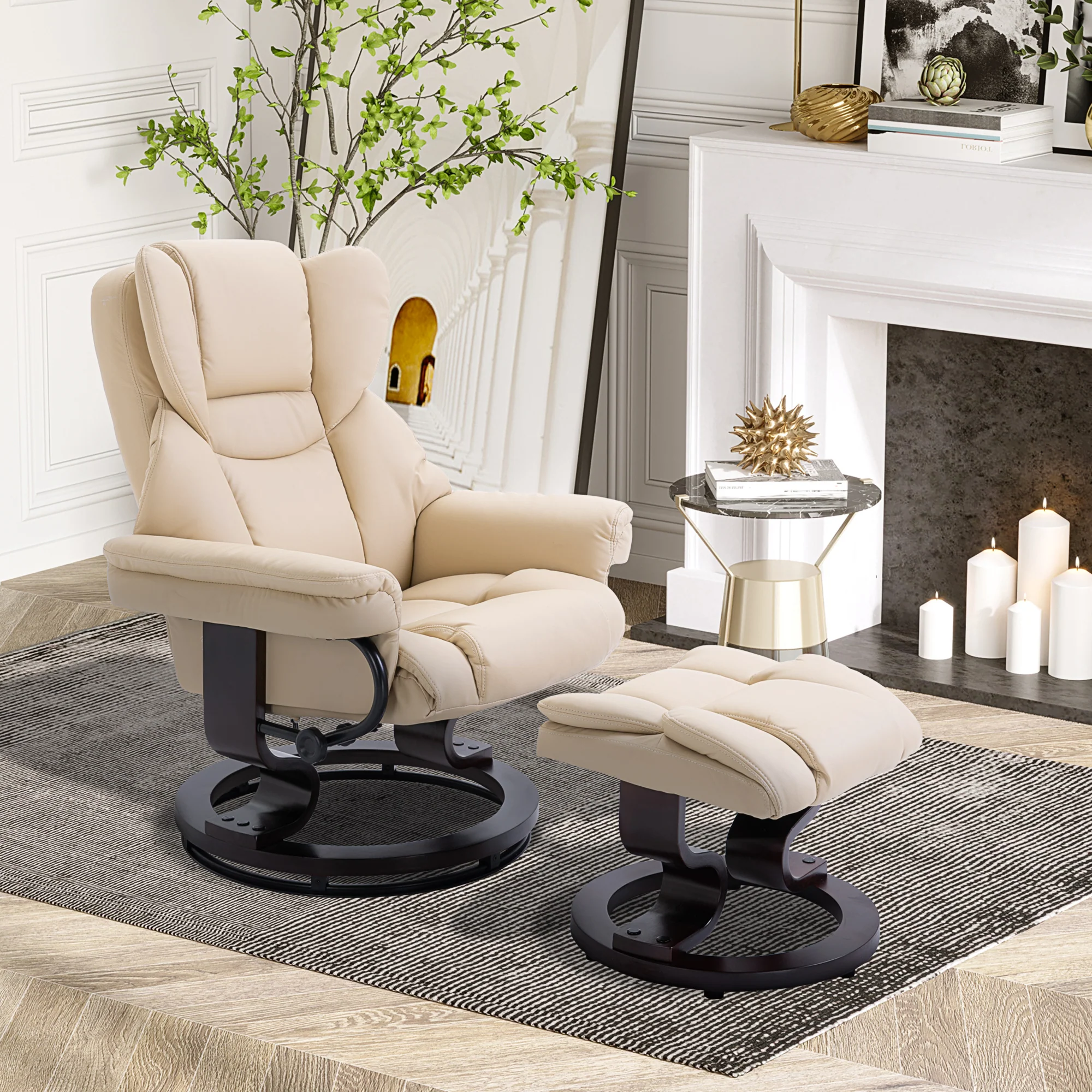 Faux Leather Swivel Recliner Chair and Footstool with Solid Wood Base, Cream - Image 4