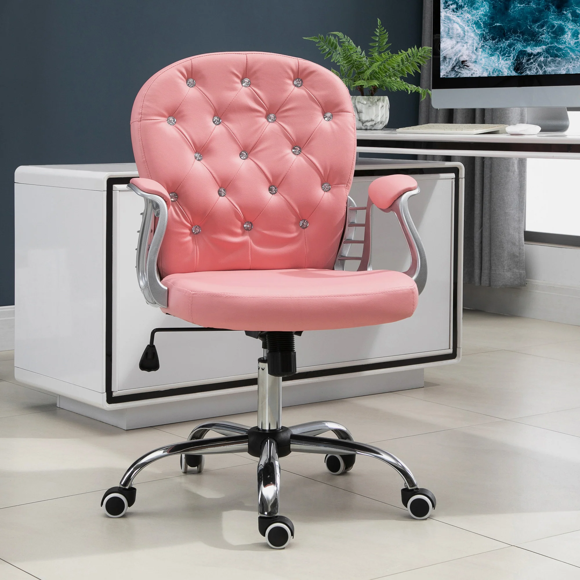Velvet Vanity Office Chair, Button Tufted Swivel Chair with Tilt Function & Armrest, Pink - Image 4