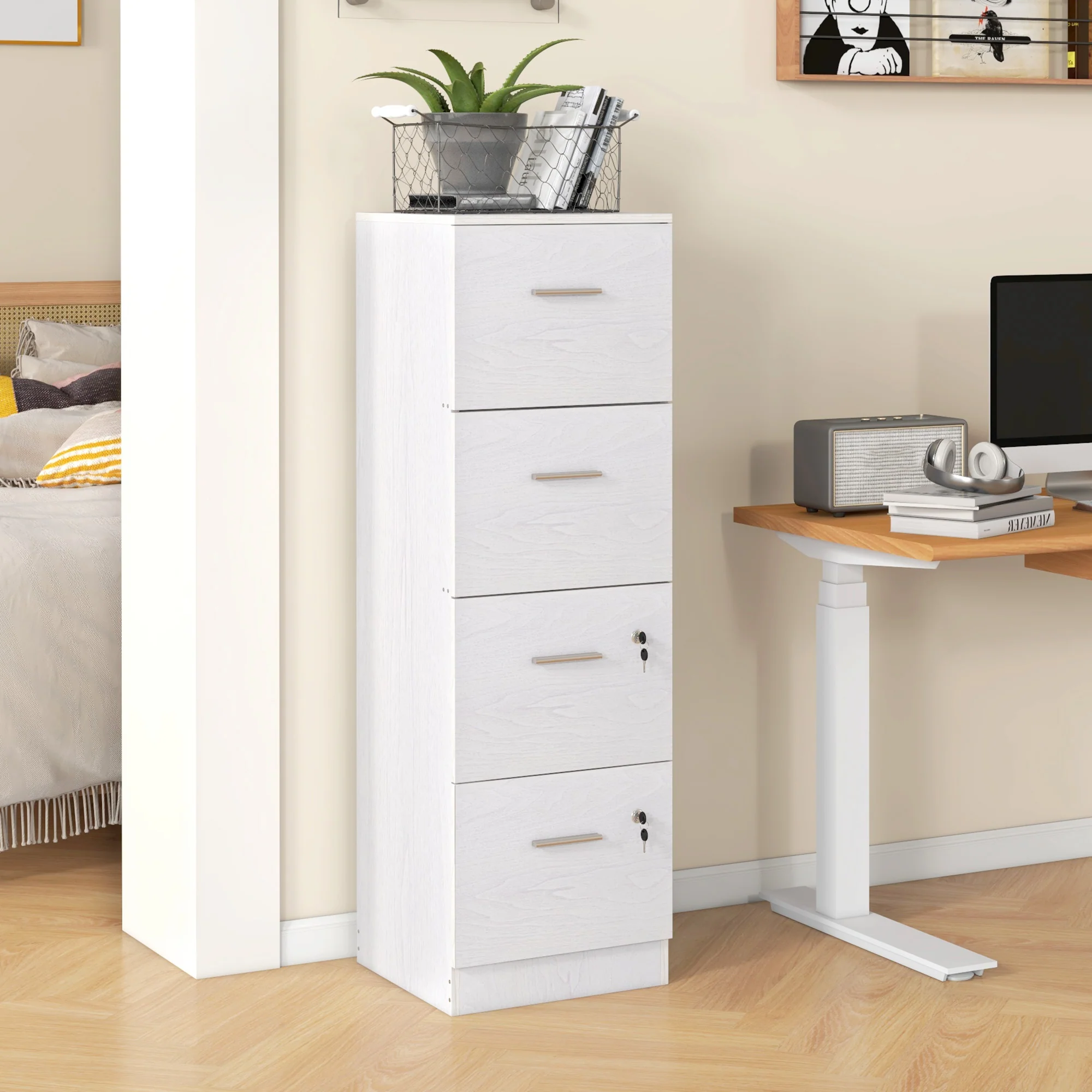 4-Drawer File Cabinet, Vertical Filing Cabinet with Lock & Adjustable Hanging Bar, White - Image 3