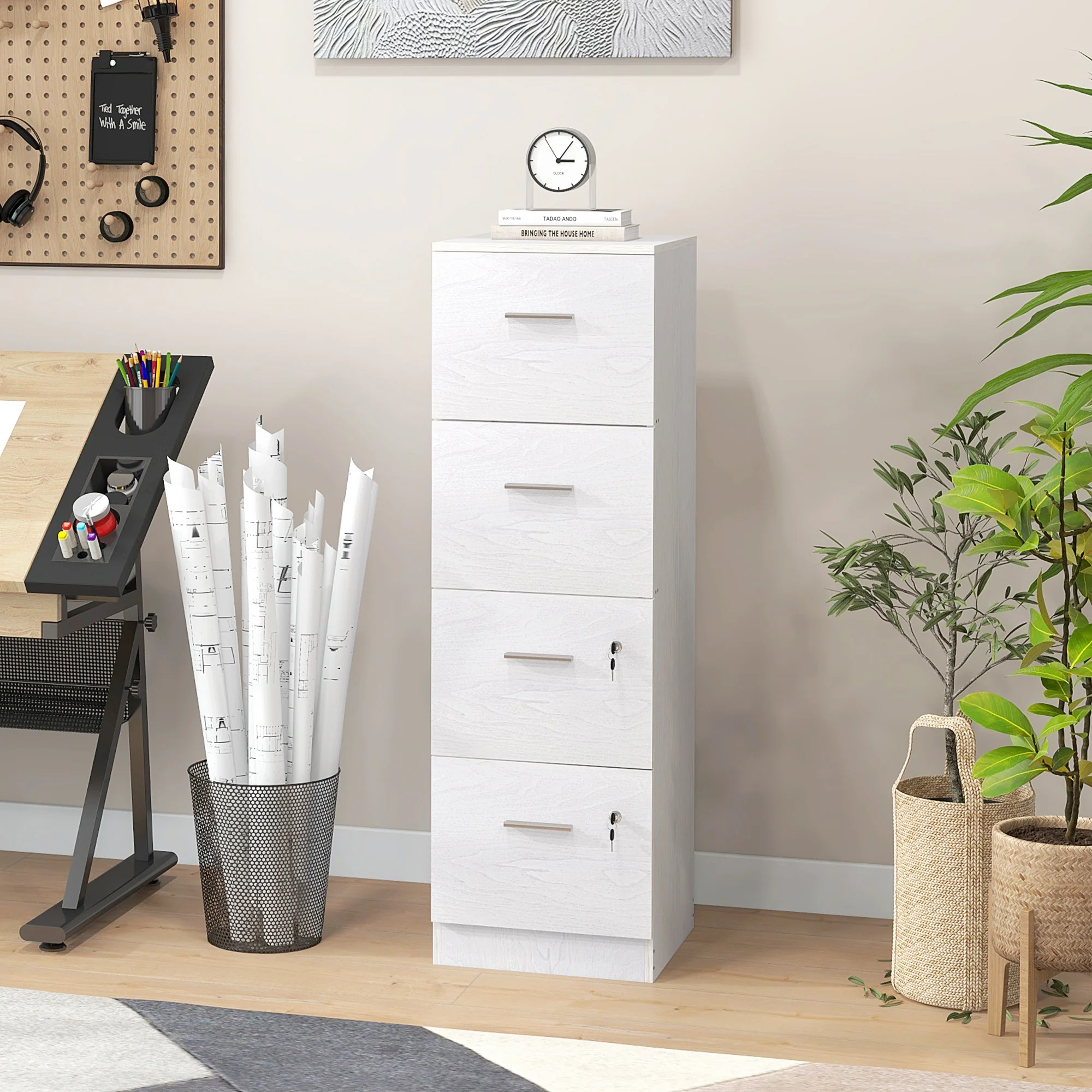 4-Drawer File Cabinet, Vertical Filing Cabinet with Lock & Adjustable Hanging Bar, White - Image 4