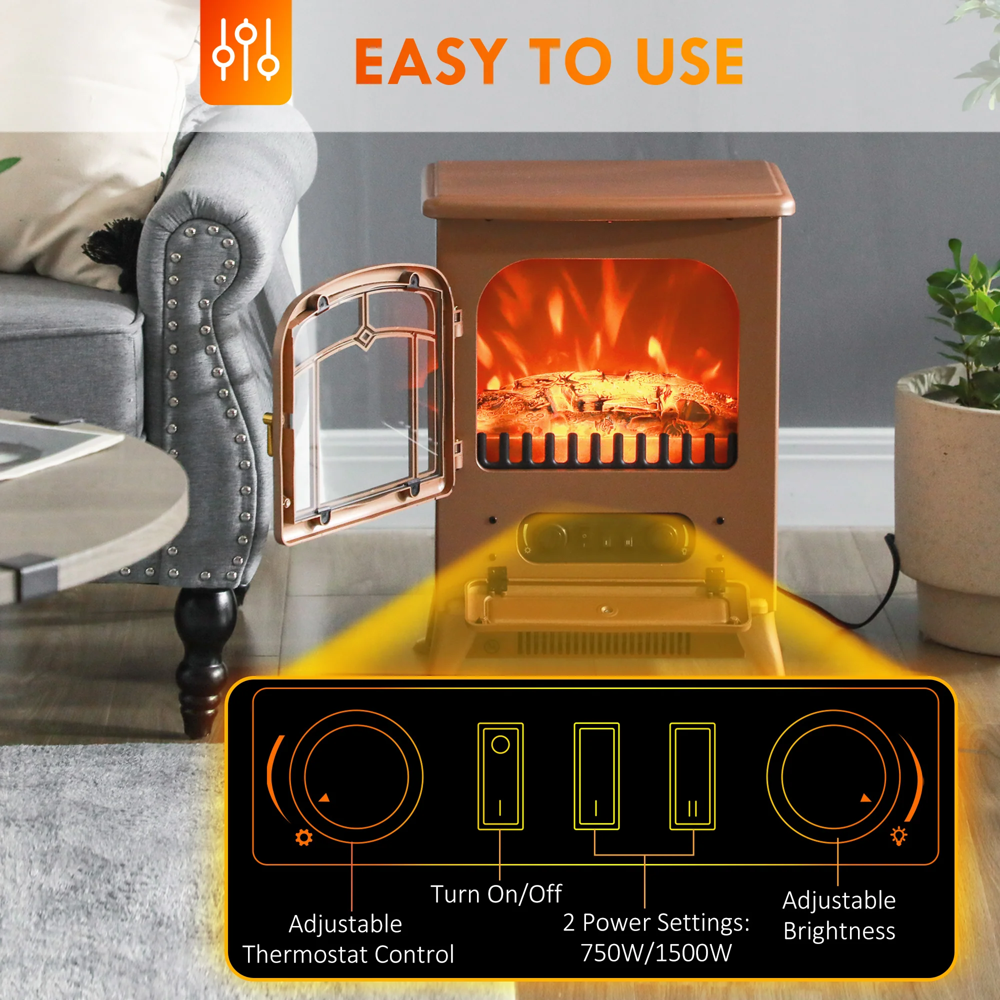 Fireplace Stove Electric Heater with Realistic LED Flames and Logs 750W/1500W Dark Brown - Image 7