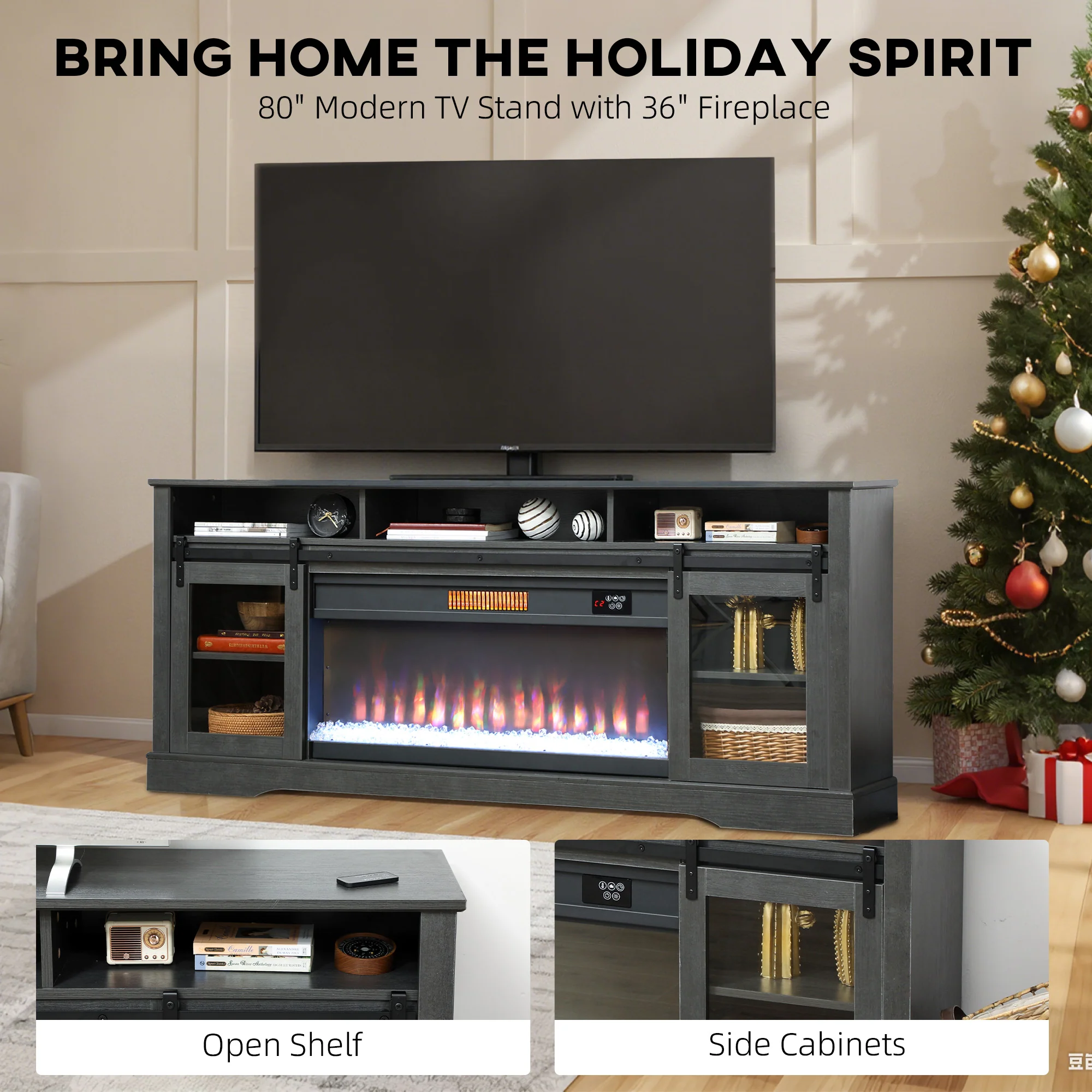 Fireplace TV Stand with Electric Fireplace, Open Storage and Side Cabinets, Gray - Image 6
