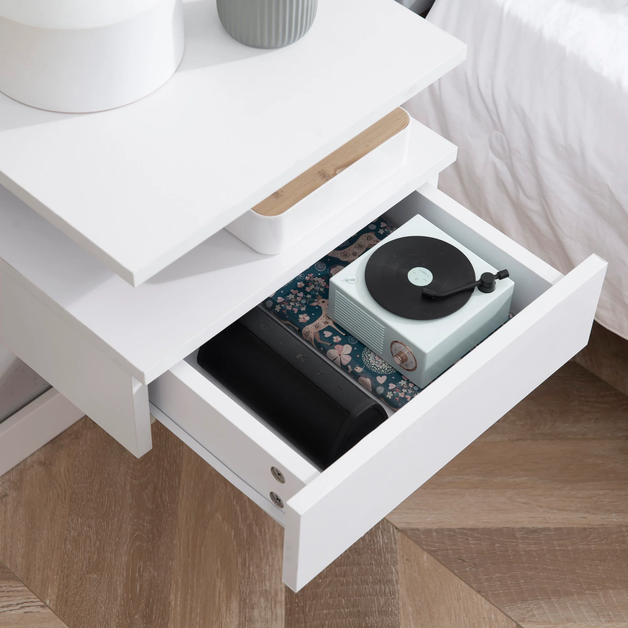 Floating Bedside Table Set of 2, Nightstands with Storage Drawer and Open Shelf, White - Image 10