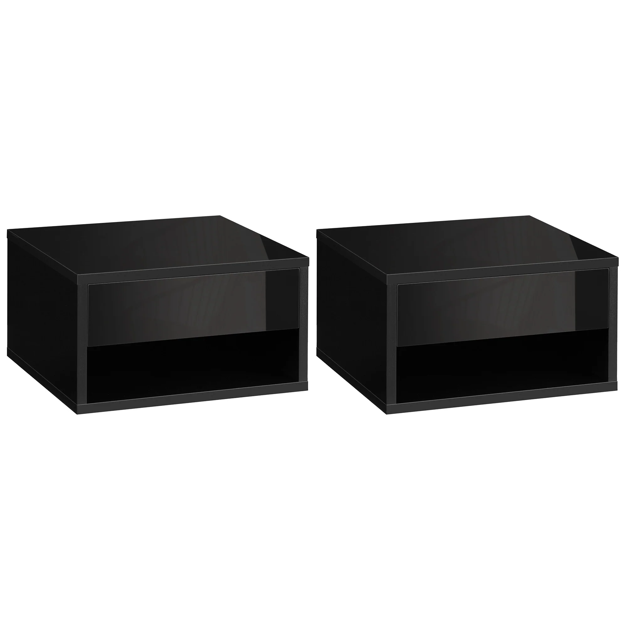 Floating Bedside Table Set of 2 with Storage Drawer and Open Shelf, High Gloss Black