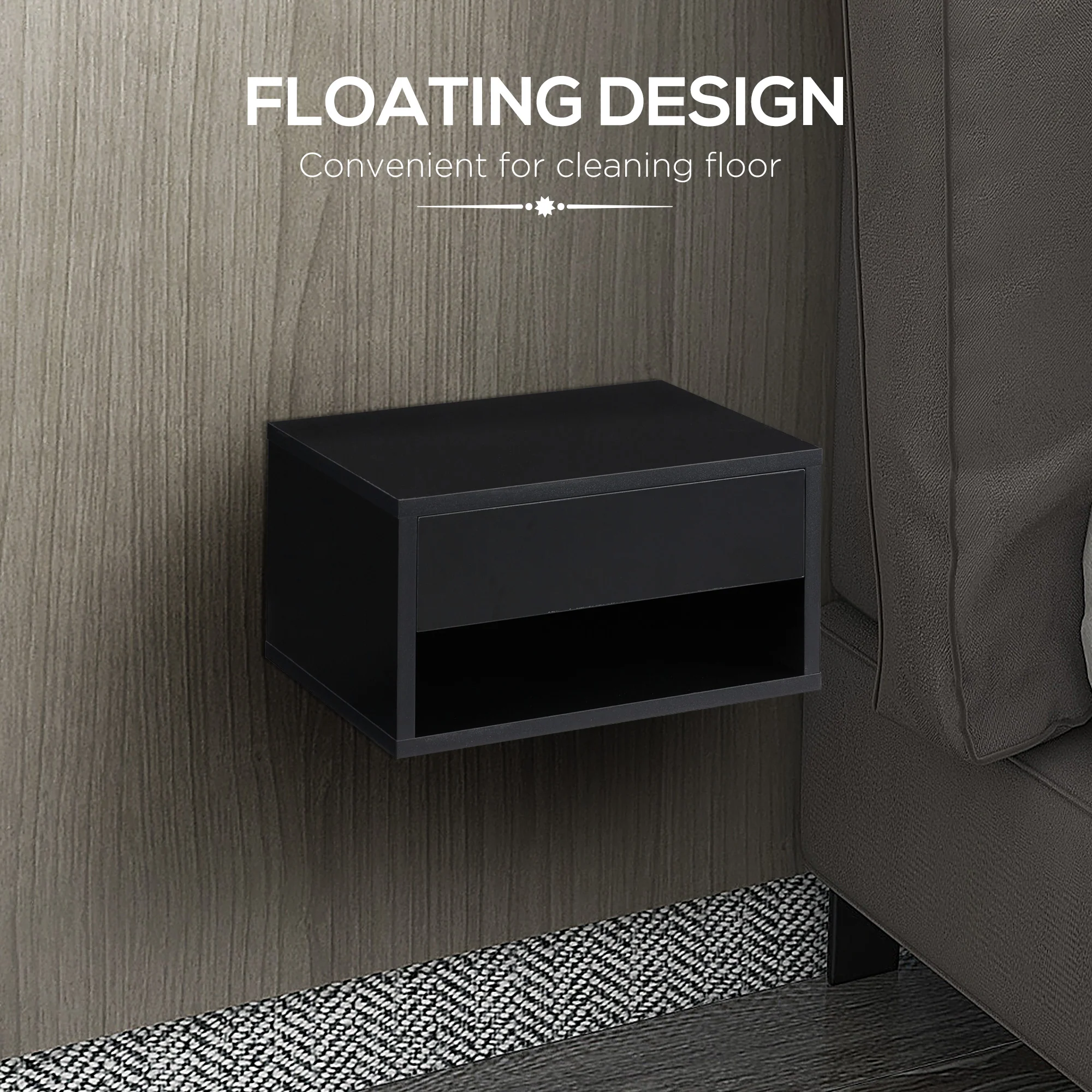 Floating Bedside Table Set of 2 with Storage Drawer and Open Shelf, High Gloss Black - Image 7