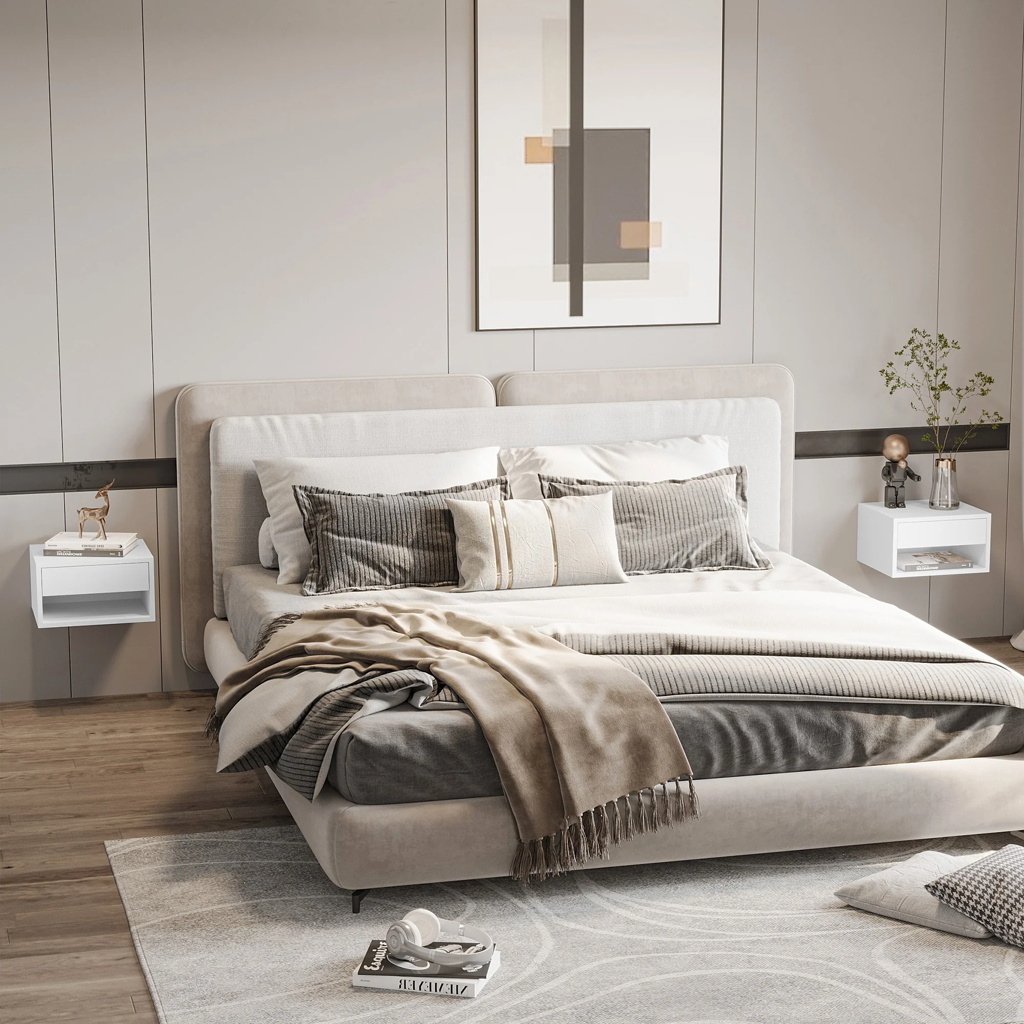 Floating Bedside Table Set of 2 with Storage Drawer and Open Shelf, High Gloss White - Image 3