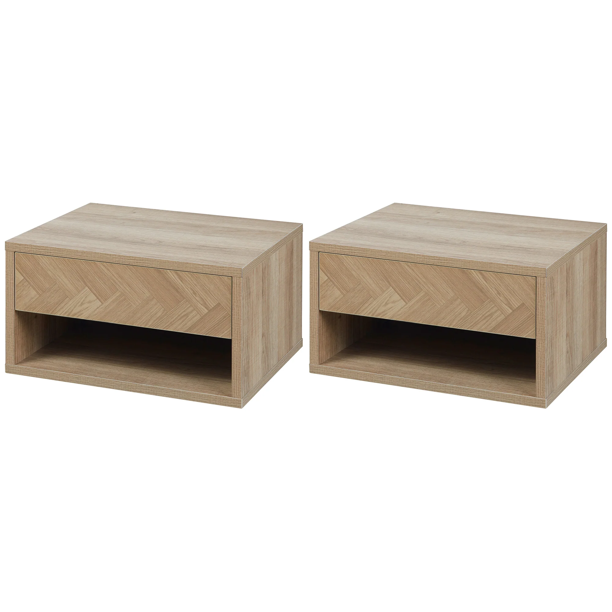 Floating Bedside Table Set of 2 with Storage Drawer and Open Shelf, Natural - Image 2