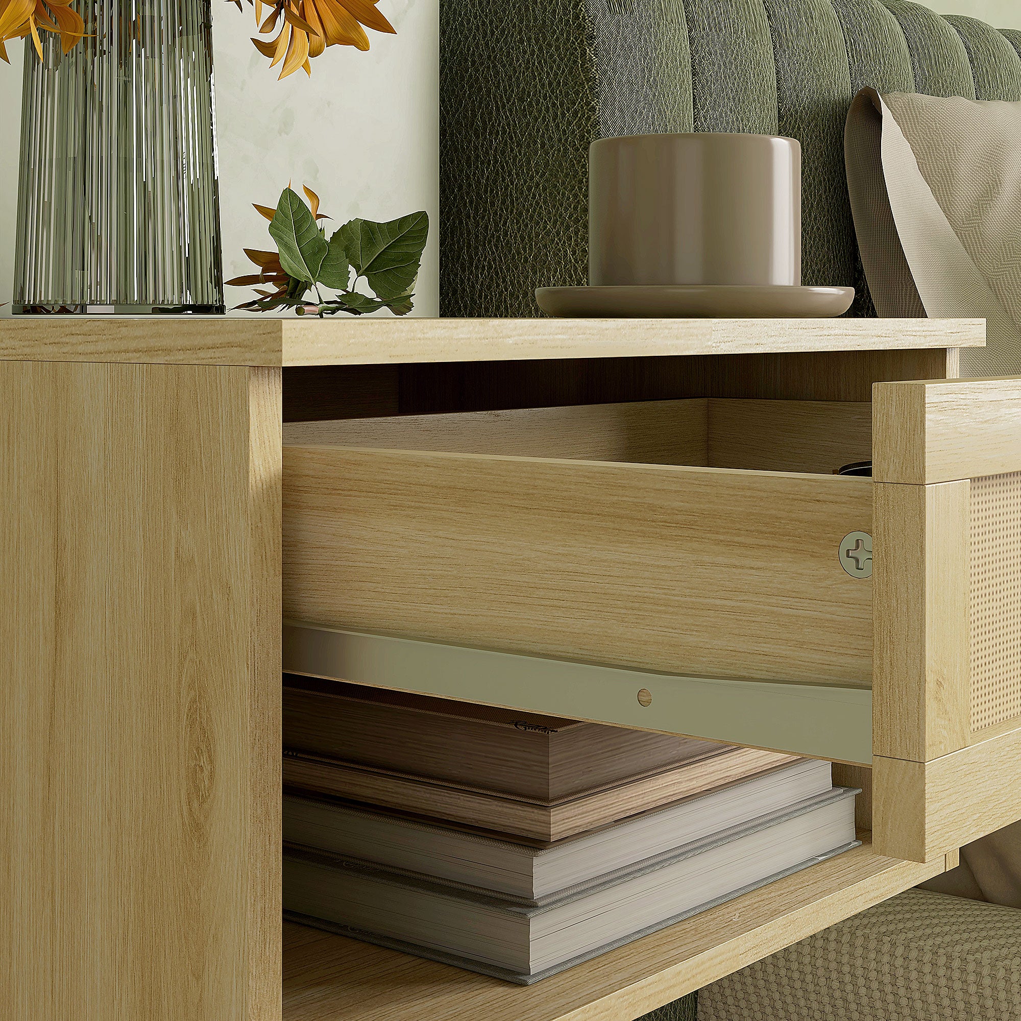 Floating Bedside Tables, Set of 2 Nordic Nightstands with Rattan Drawer, Natural Wood Finish - Image 11