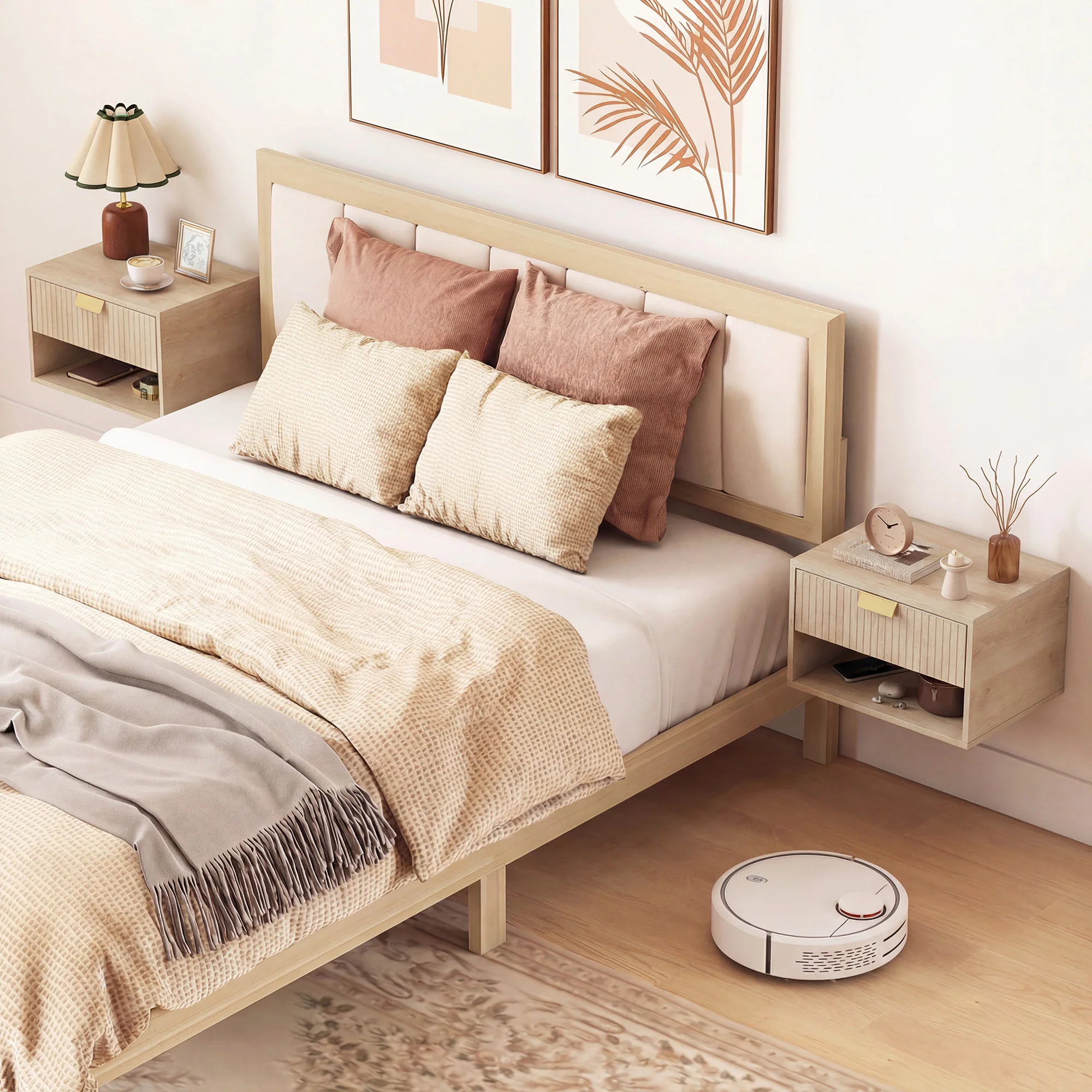 Floating Bedside Tables Set of 2, Wall Mounted Nightstands with Fluted Drawer and Open Shelf for Small Bedroom, Modern Bedside Table, 40 x 30 x 25 cm, Oak - Image 4