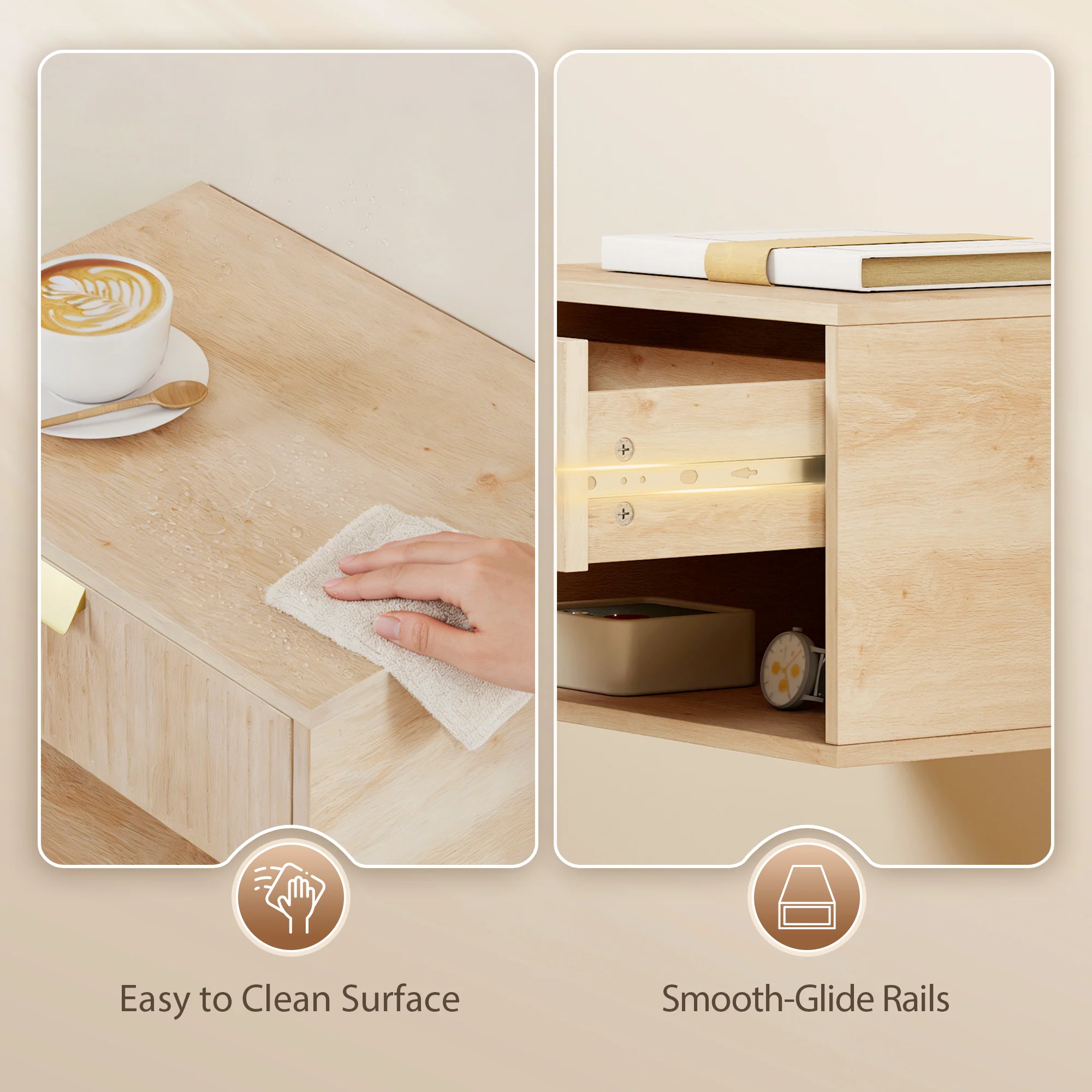Floating Bedside Tables Set of 2, Wall Mounted Nightstands with Fluted Drawer and Open Shelf for Small Bedroom, Modern Bedside Table, 40 x 30 x 25 cm, Oak - Image 9