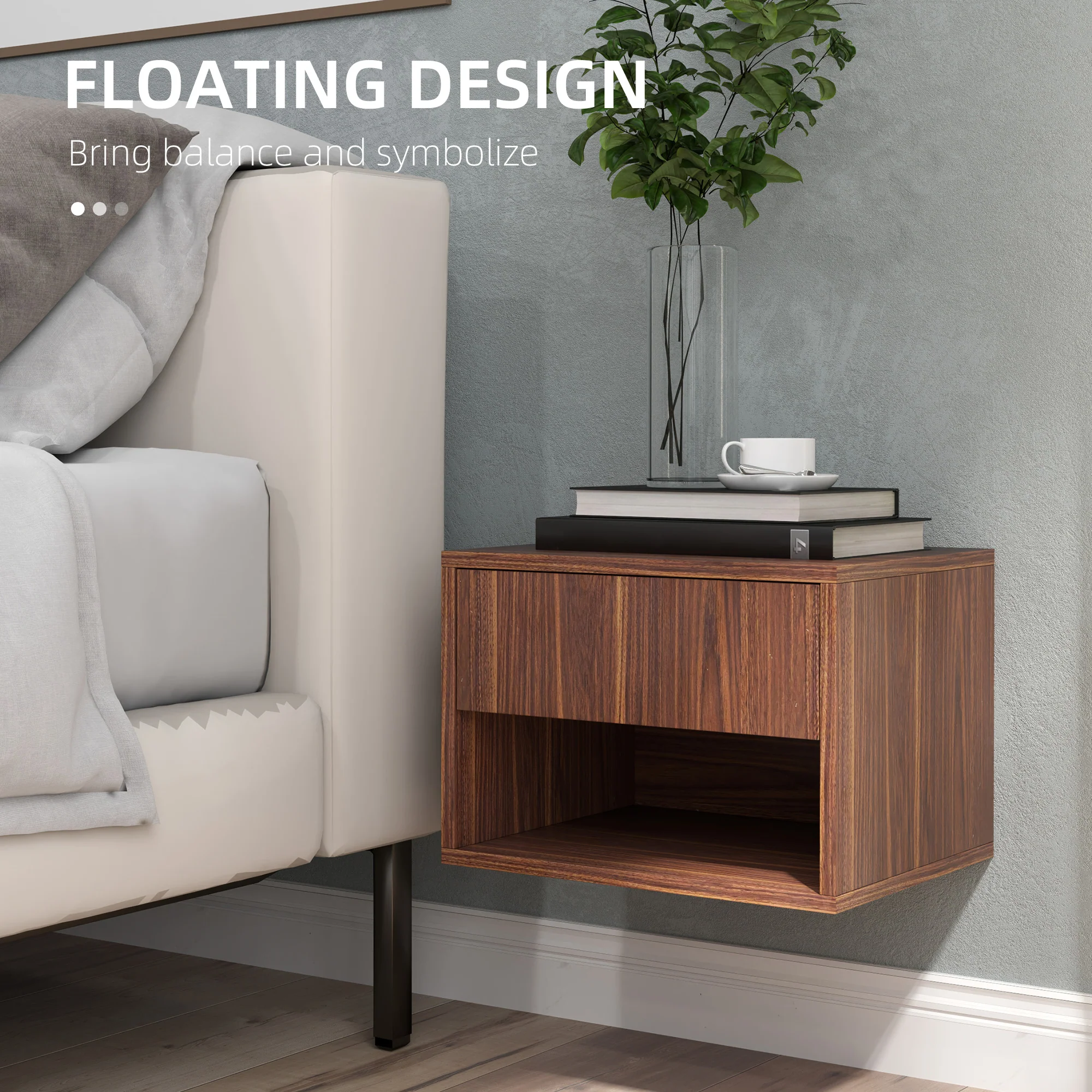 Floating Nightstand Set of 2, Wall Mounted Bedside Table with Drawer for Bedroom, Brown - Image 7