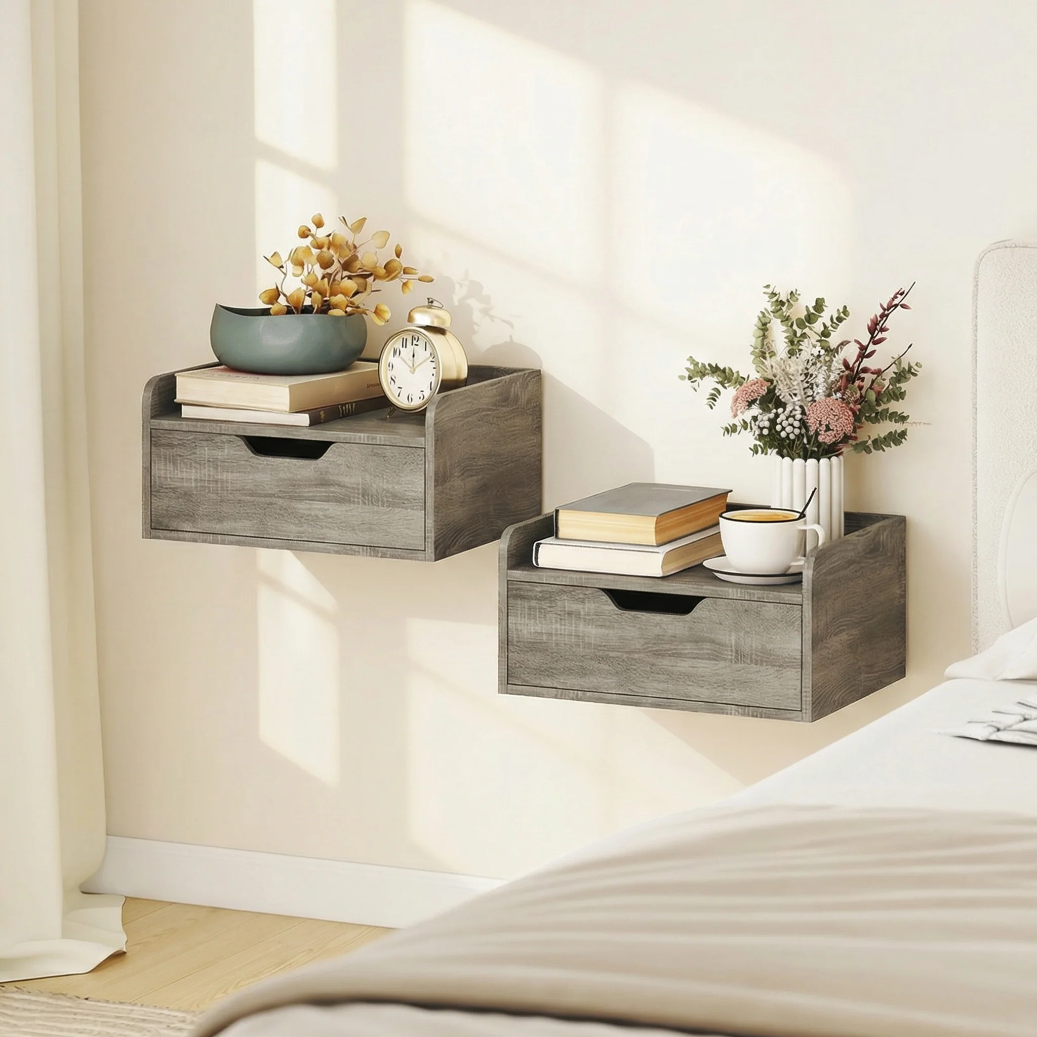 Floating Nightstands Set of 2, Wall Mounted Bedside Table with Storage Drawer for Bedroom, Grey Wood Effect - Image 3