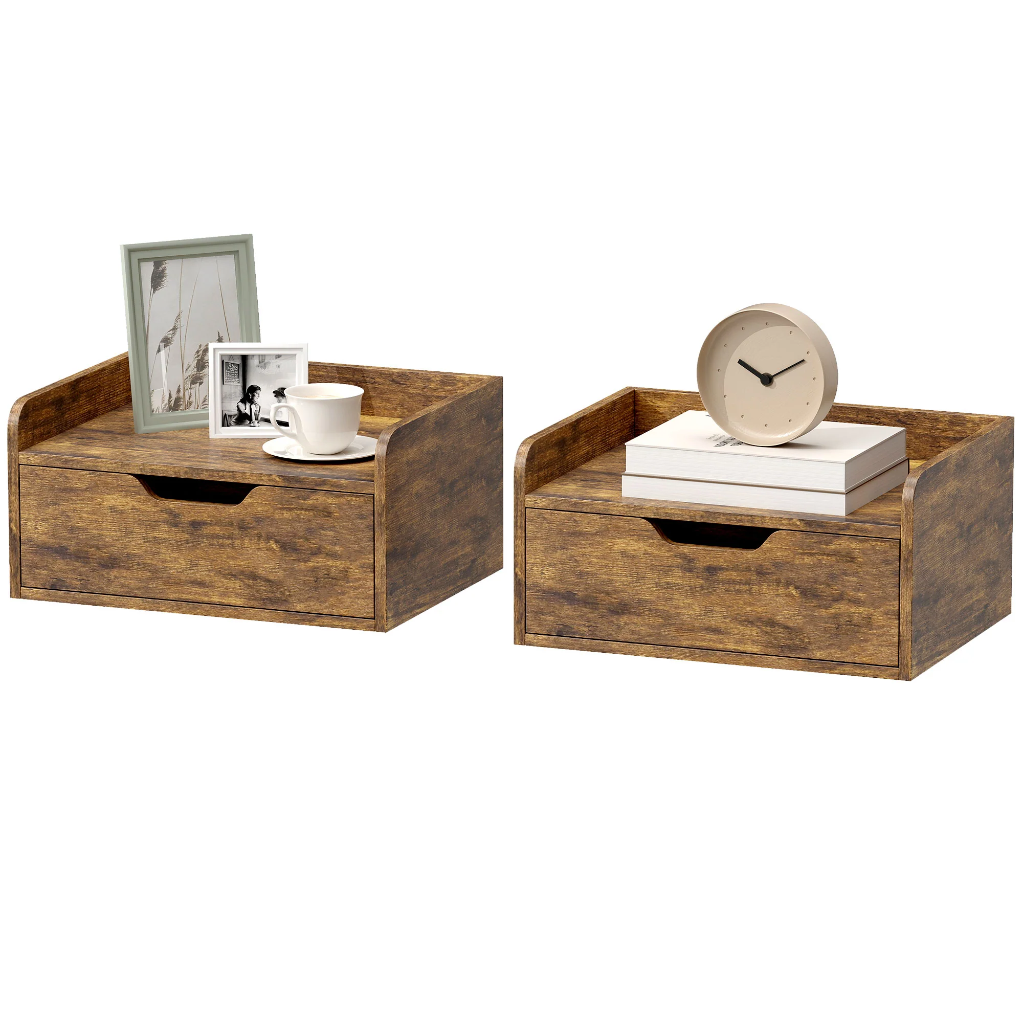 Floating Nightstands Set of 2, Wall Mounted Bedside Table with Storage Drawer for Bedroom, Rustic Brown - Image 2