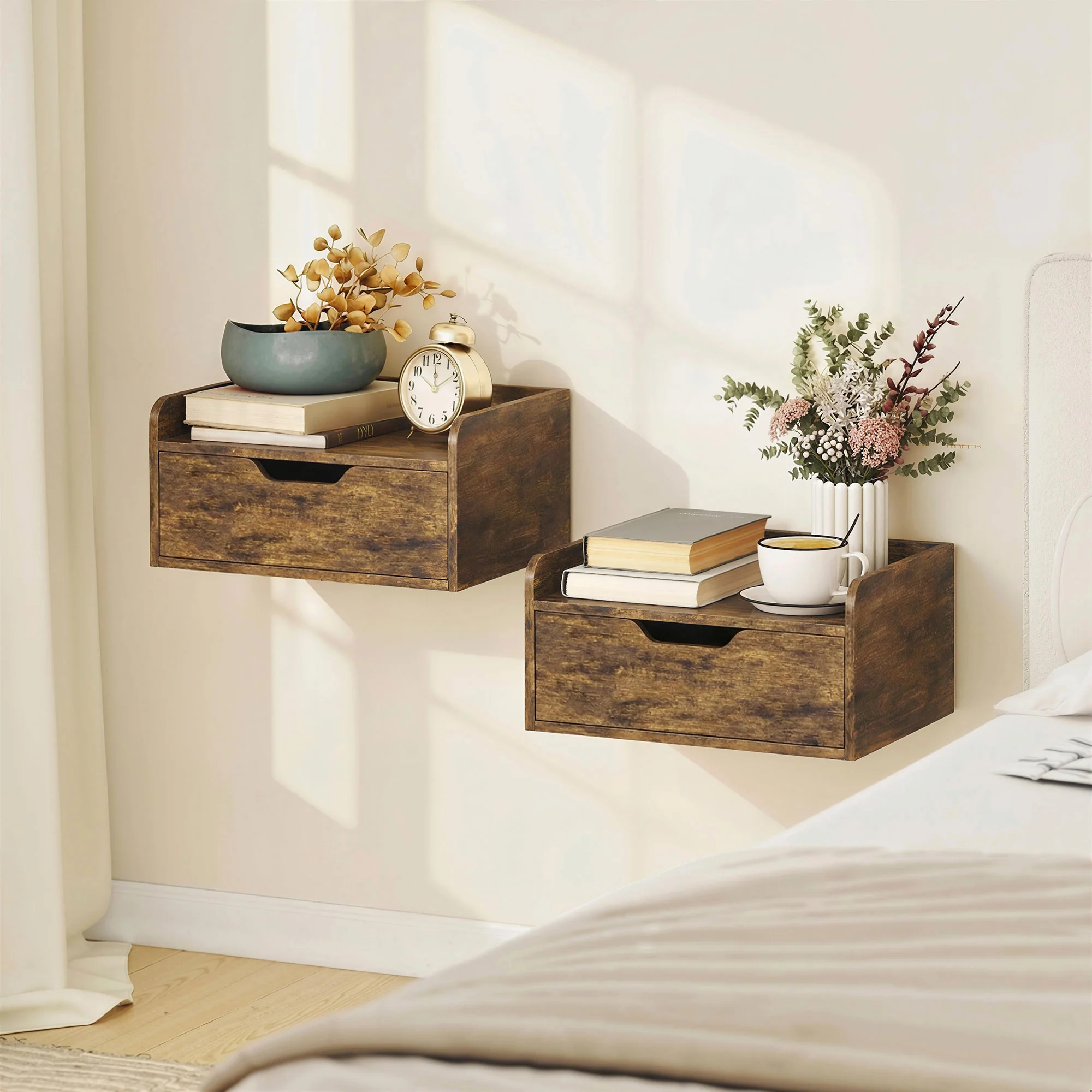 Floating Nightstands Set of 2, Wall Mounted Bedside Table with Storage Drawer for Bedroom, Rustic Brown - Image 3