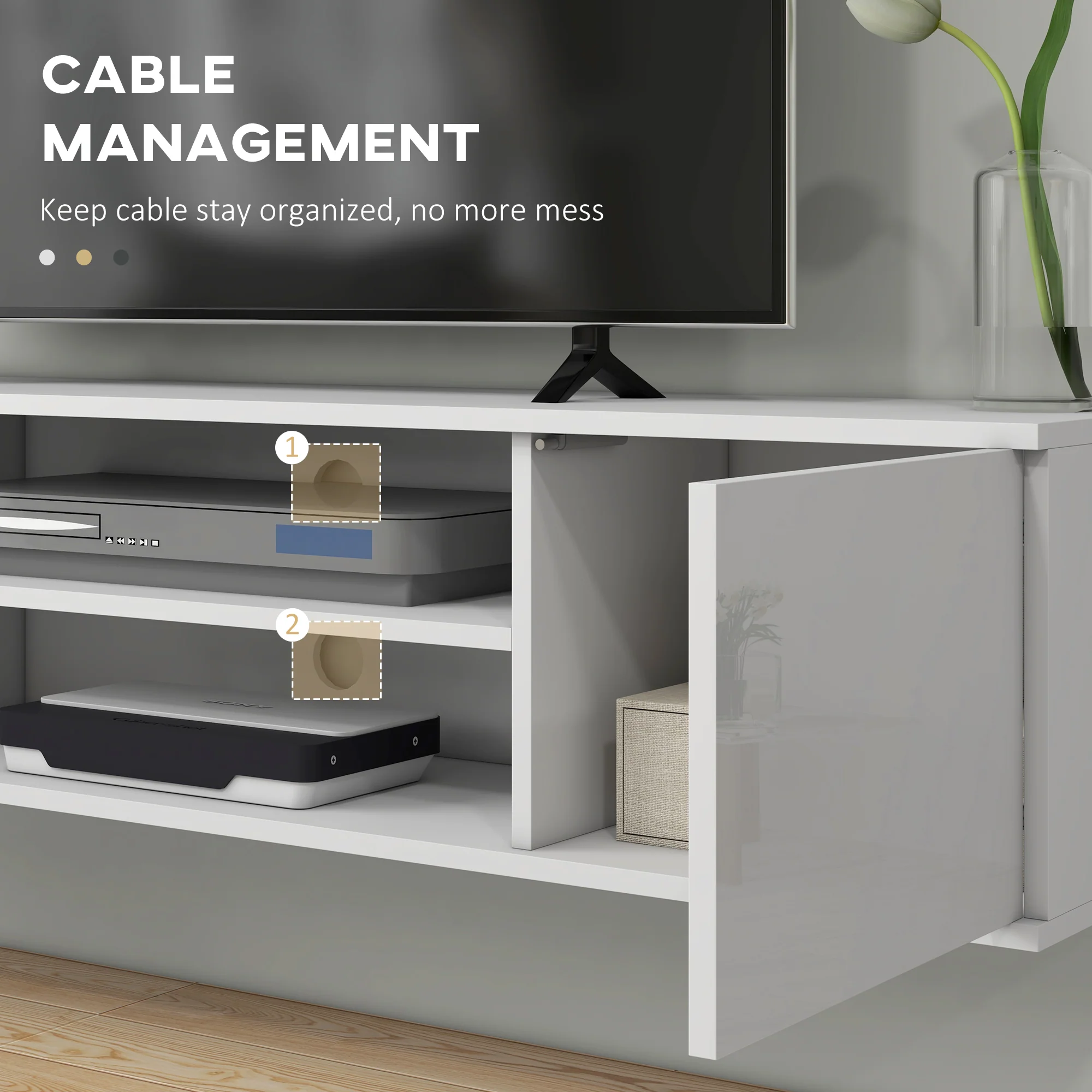 Floating TV Stand Cabinet for TVs up to 60", Wall Mounted TV Unit w/ Open Shelf, Cupboards, White - Image 9