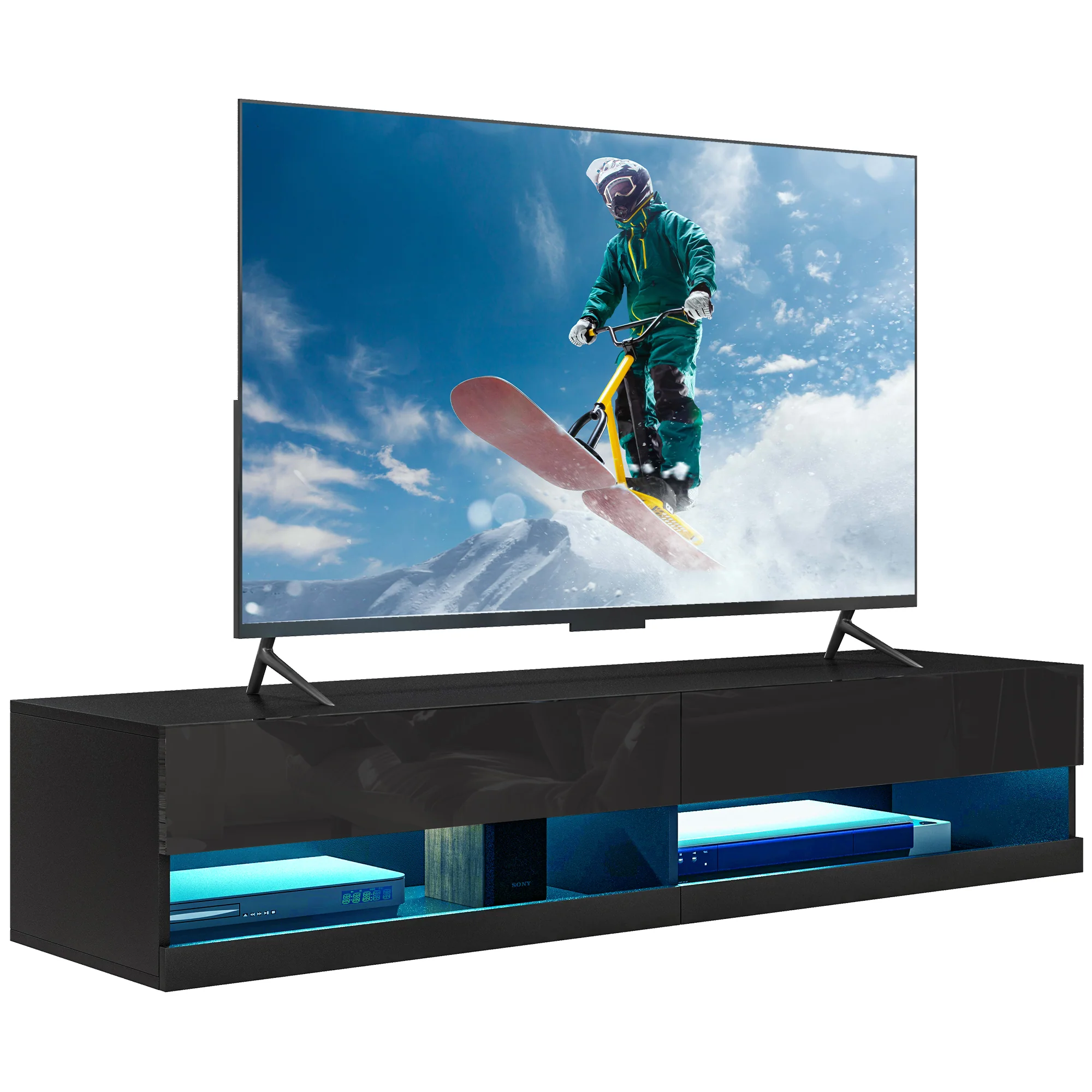 Floating TV Unit for TVs up to 65" with LED Lights, Storage Shelves, Black