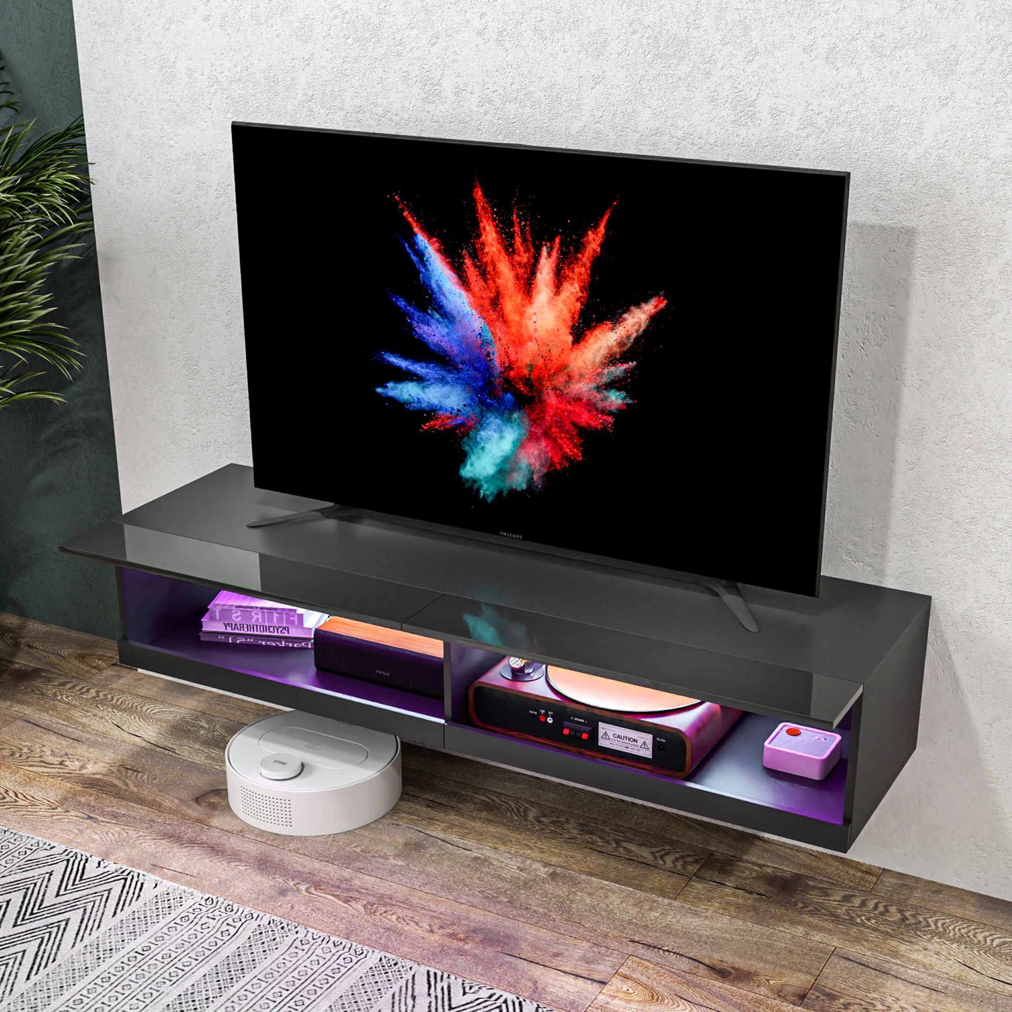 Floating TV Unit for TVs up to 65" with LED Lights, Storage Shelves, Black - Image 11