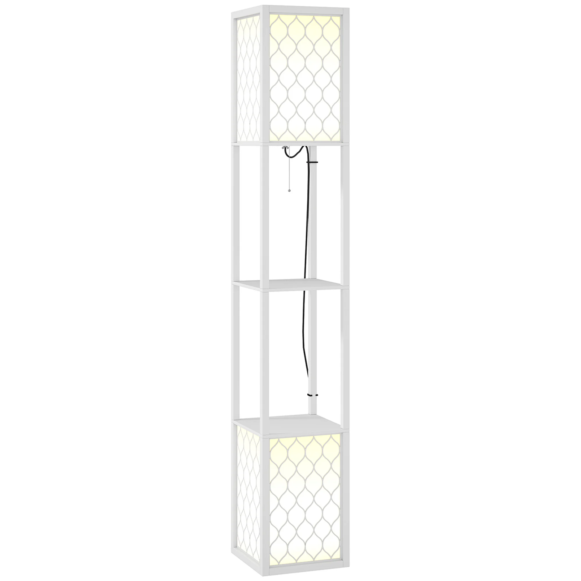 Modern Tall Standing Lamps with Shelves, Dual Lampshades & Chain Switch, White