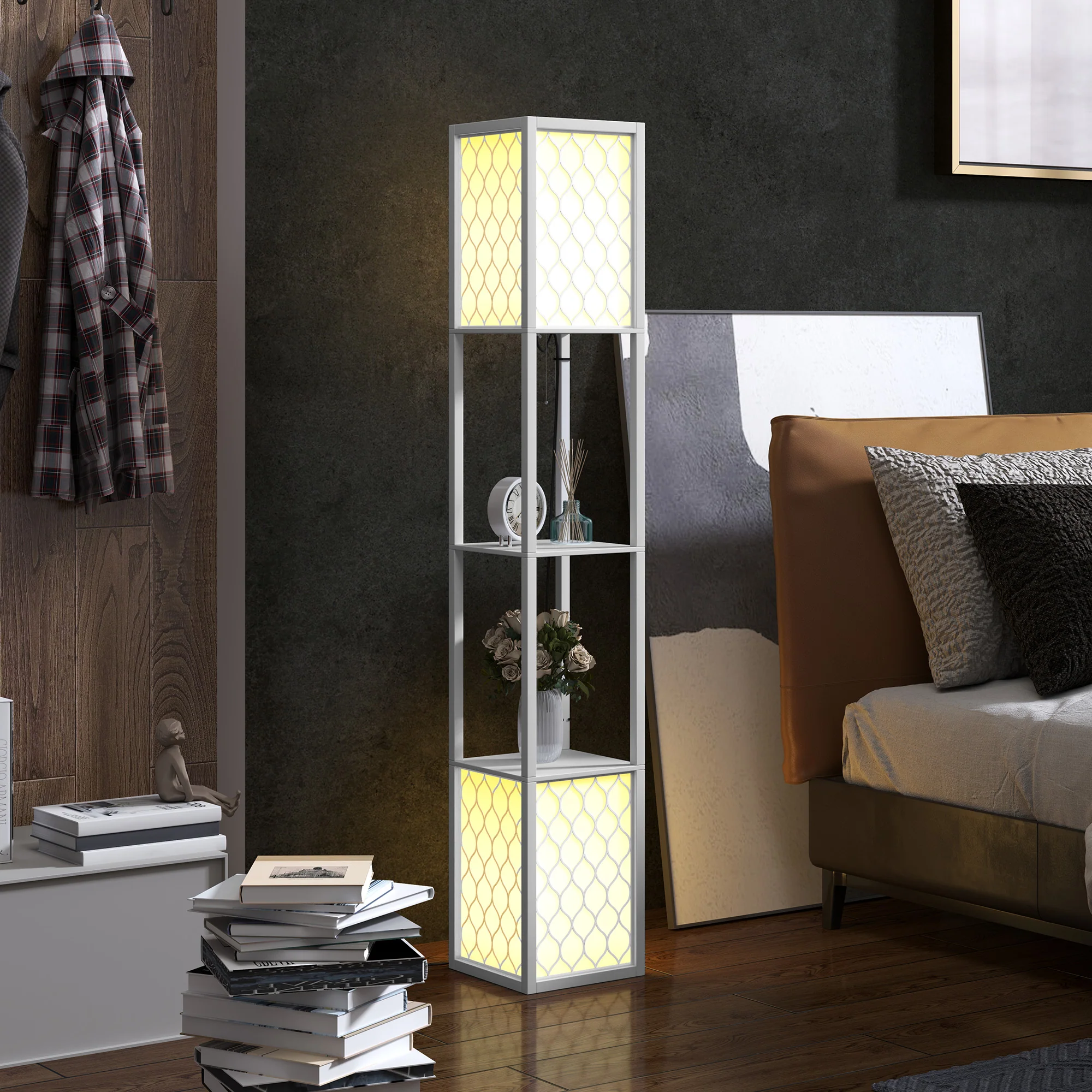 Modern Tall Standing Lamps with Shelves, Dual Lampshades & Chain Switch, White - Image 3