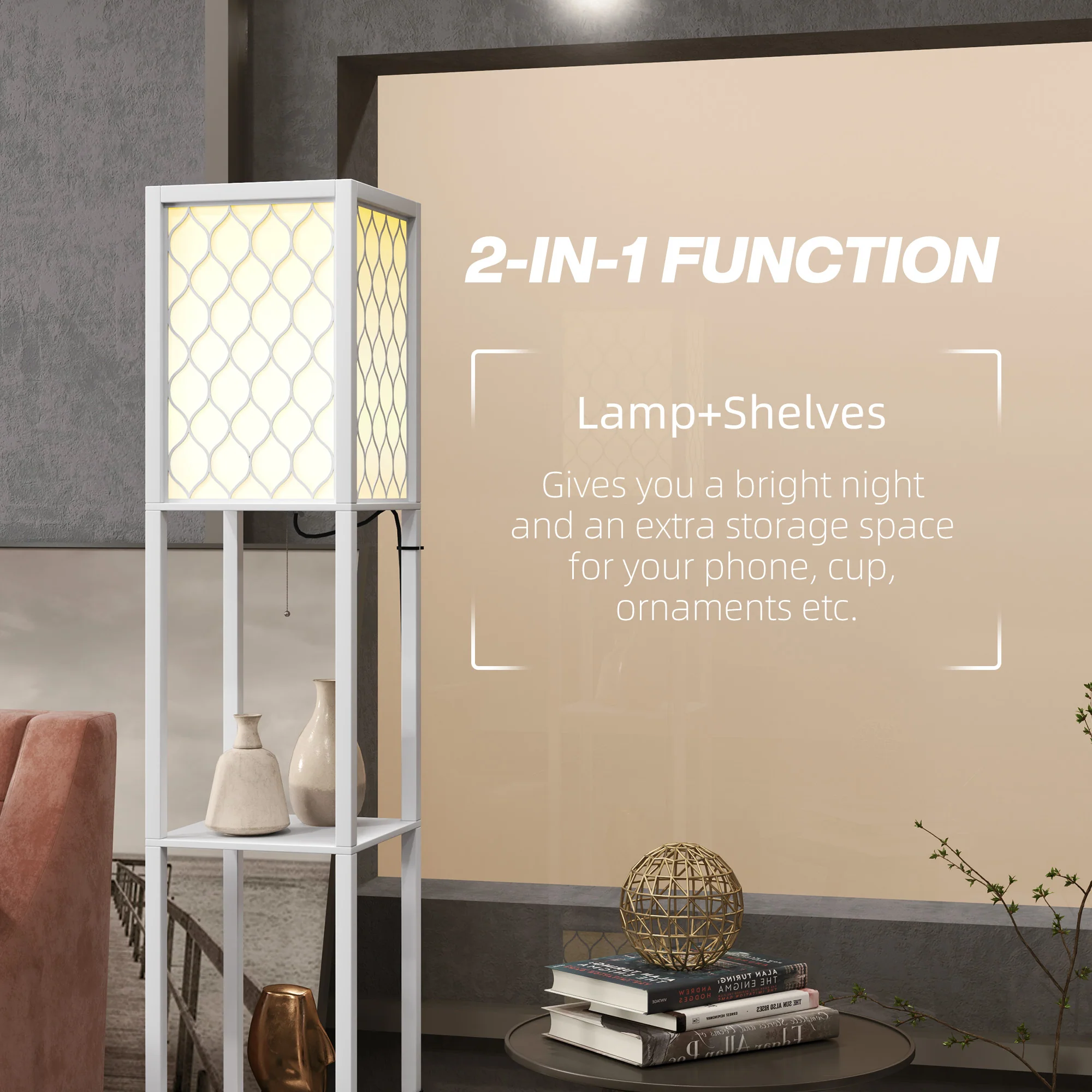 Modern Tall Standing Lamps with Shelves, Dual Lampshades & Chain Switch, White - Image 6