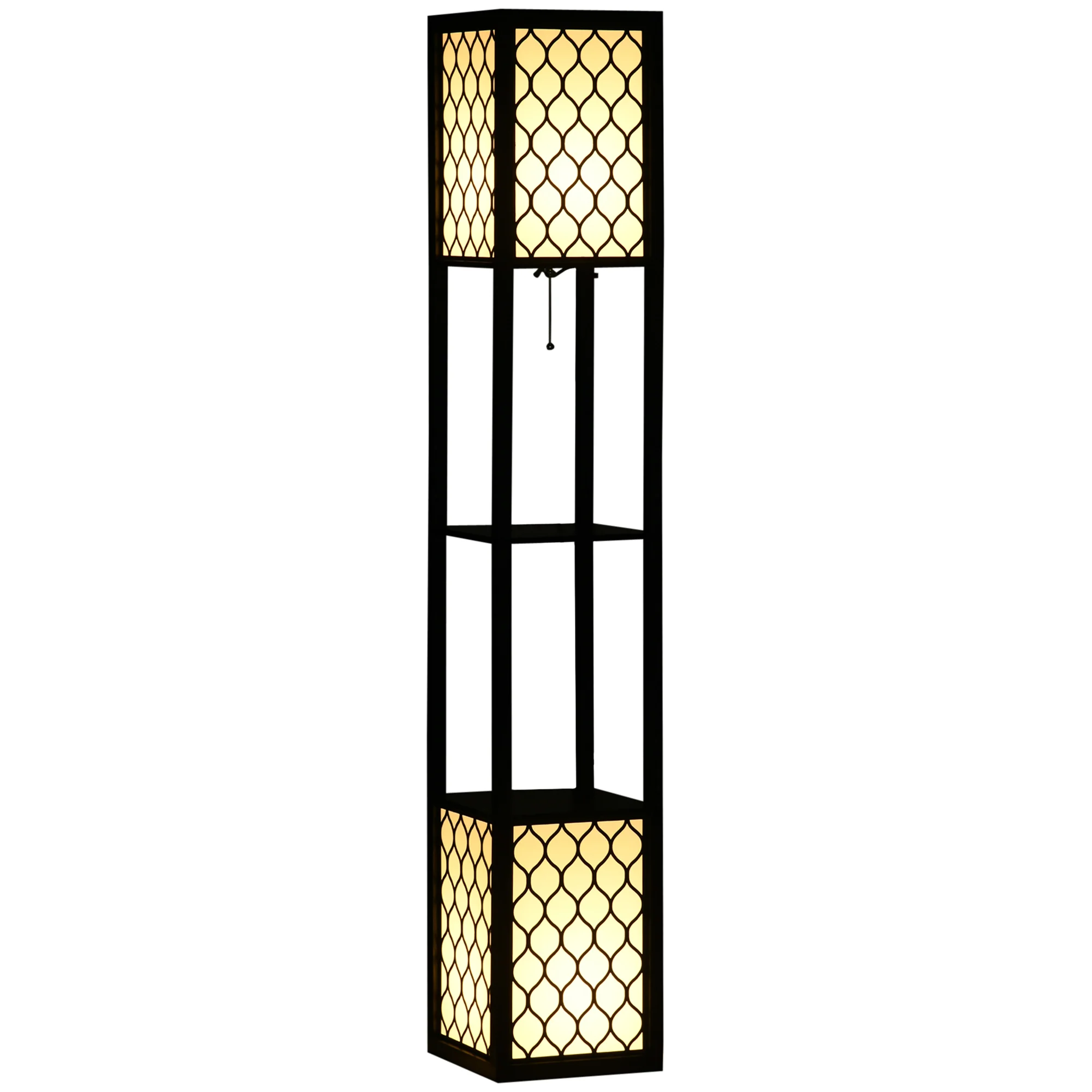 Modern Tall Standing Lamps with Shelves, Dual Lampshades & Chain Switch, Black