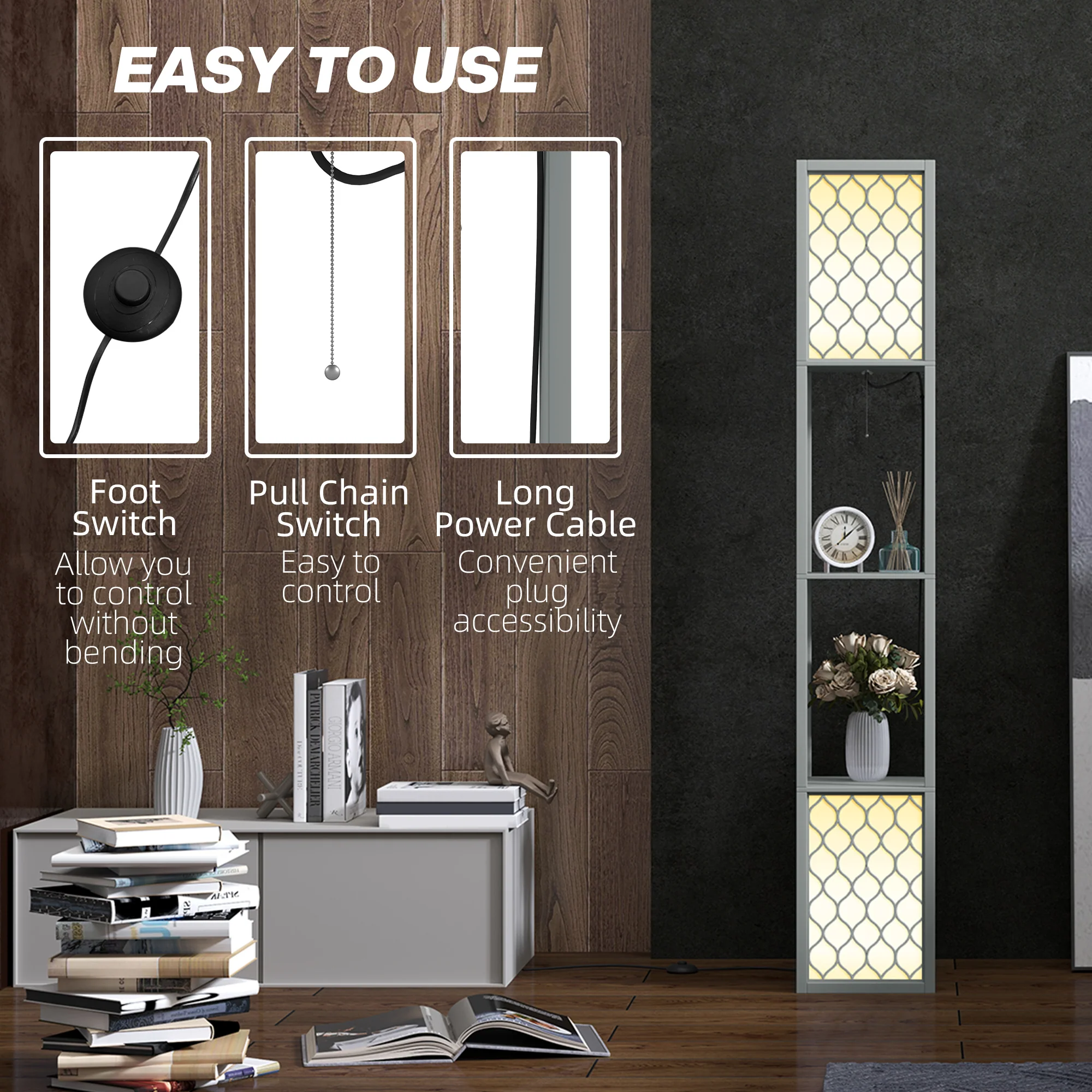 Modern Tall Standing Lamps with Shelves, Dual Lampshades & Chain Switch, Light Grey - Image 8