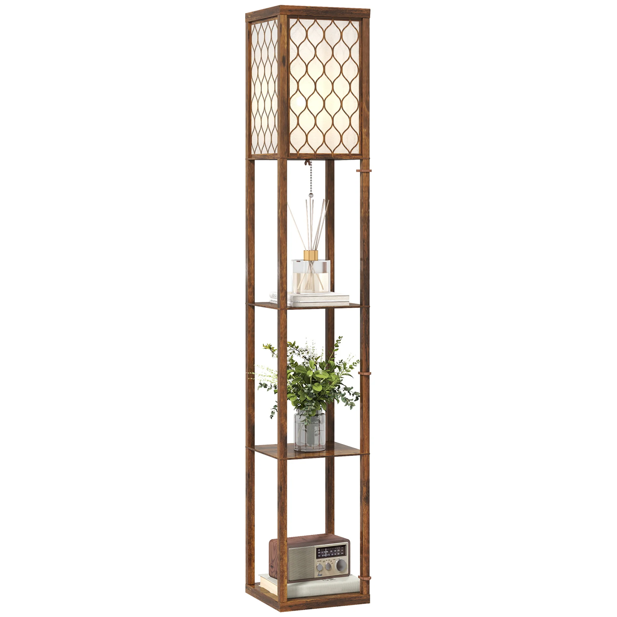 Floor Lamp with Shelves, Single Light, Modern Tall Standing Lamps for Living Room, Bedroom, with Chain Switch, Bulb not Included, Rustic Brown