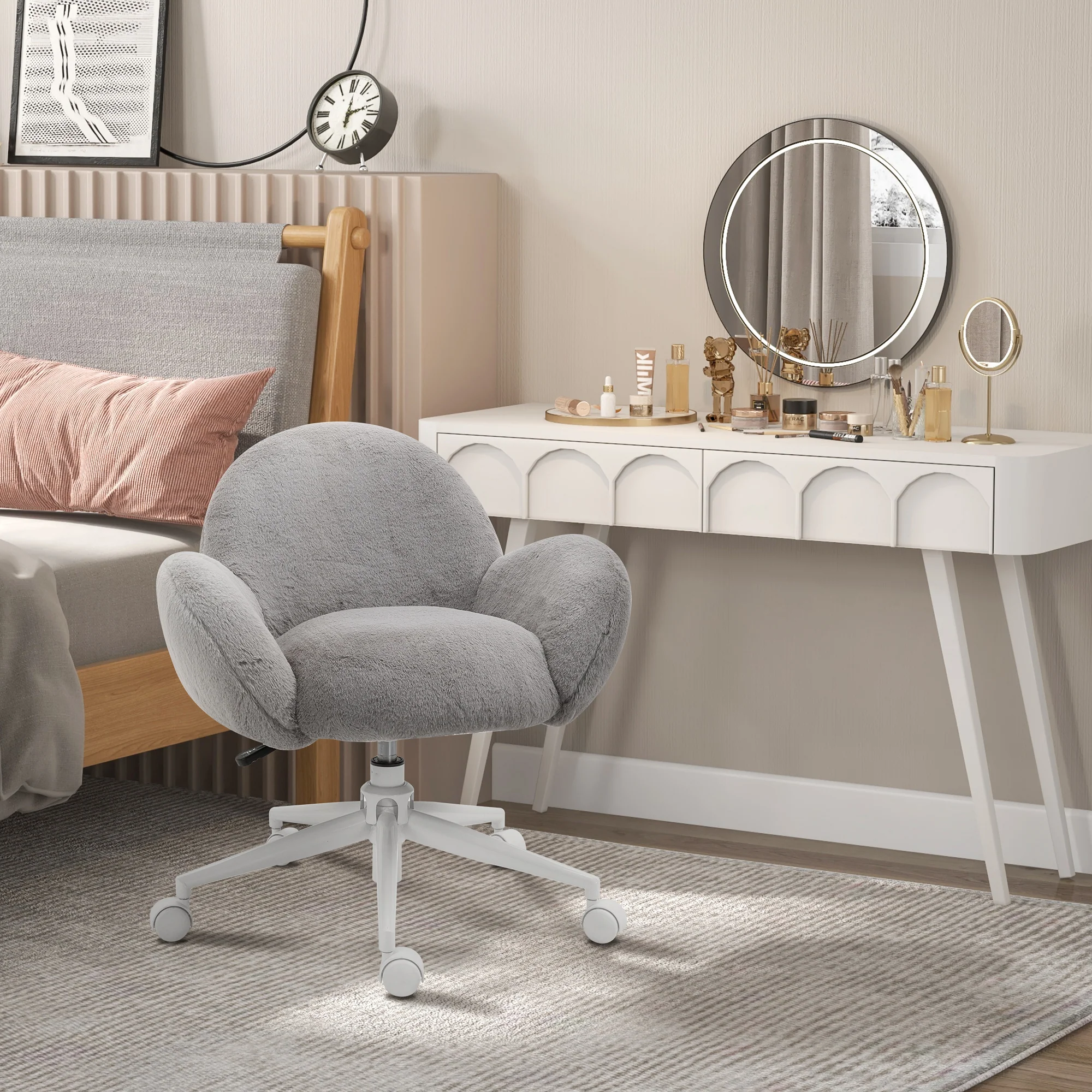 Fluffy Desk Chair, Cute Makeup Vanity Chair with Rolling Wheels for Home Bedroom, Grey - Image 4