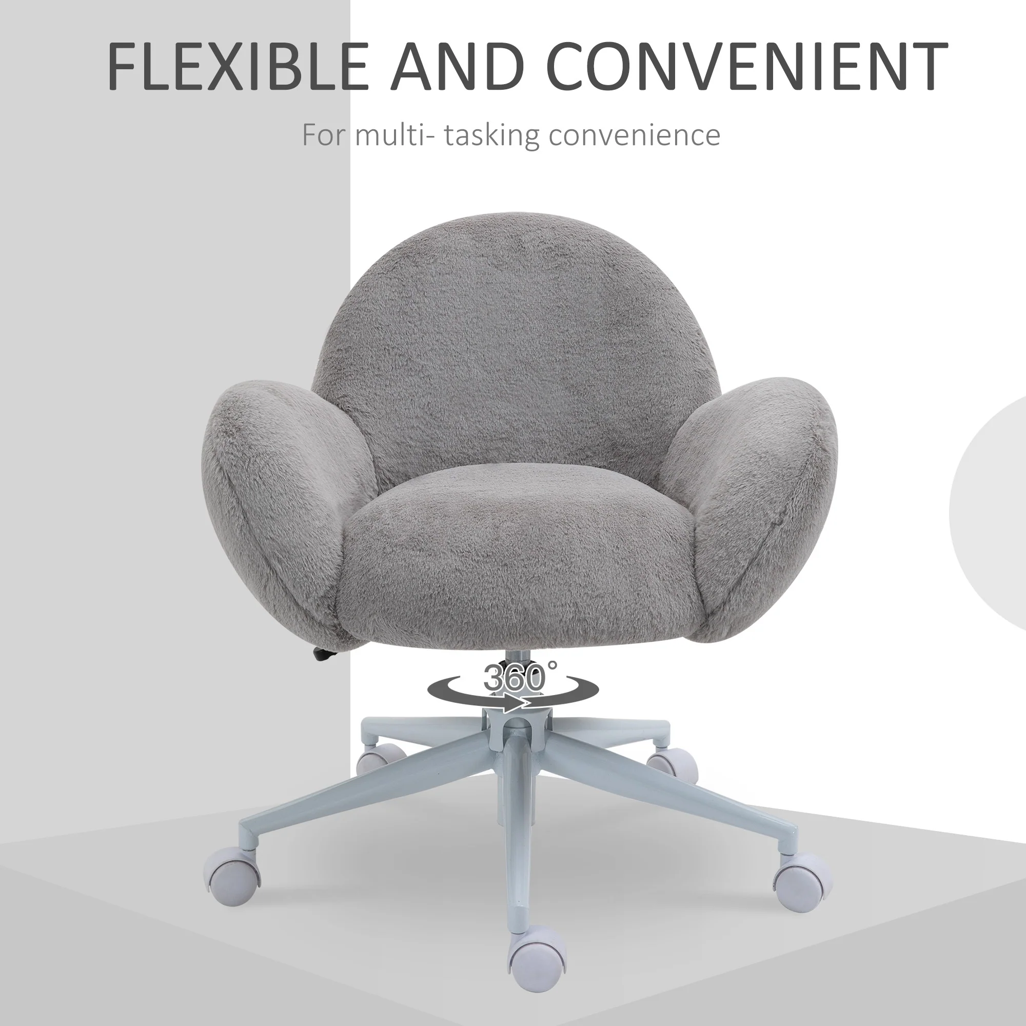 Fluffy Desk Chair, Cute Makeup Vanity Chair with Rolling Wheels for Home Bedroom, Grey - Image 7