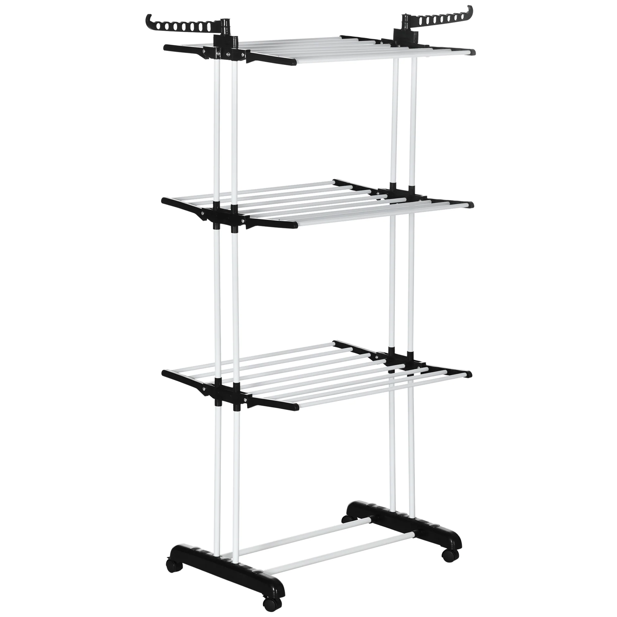 4-Tier Steel Laundry Racks for Drying Clothes with 2 Side Wings and 4 Castors, Black