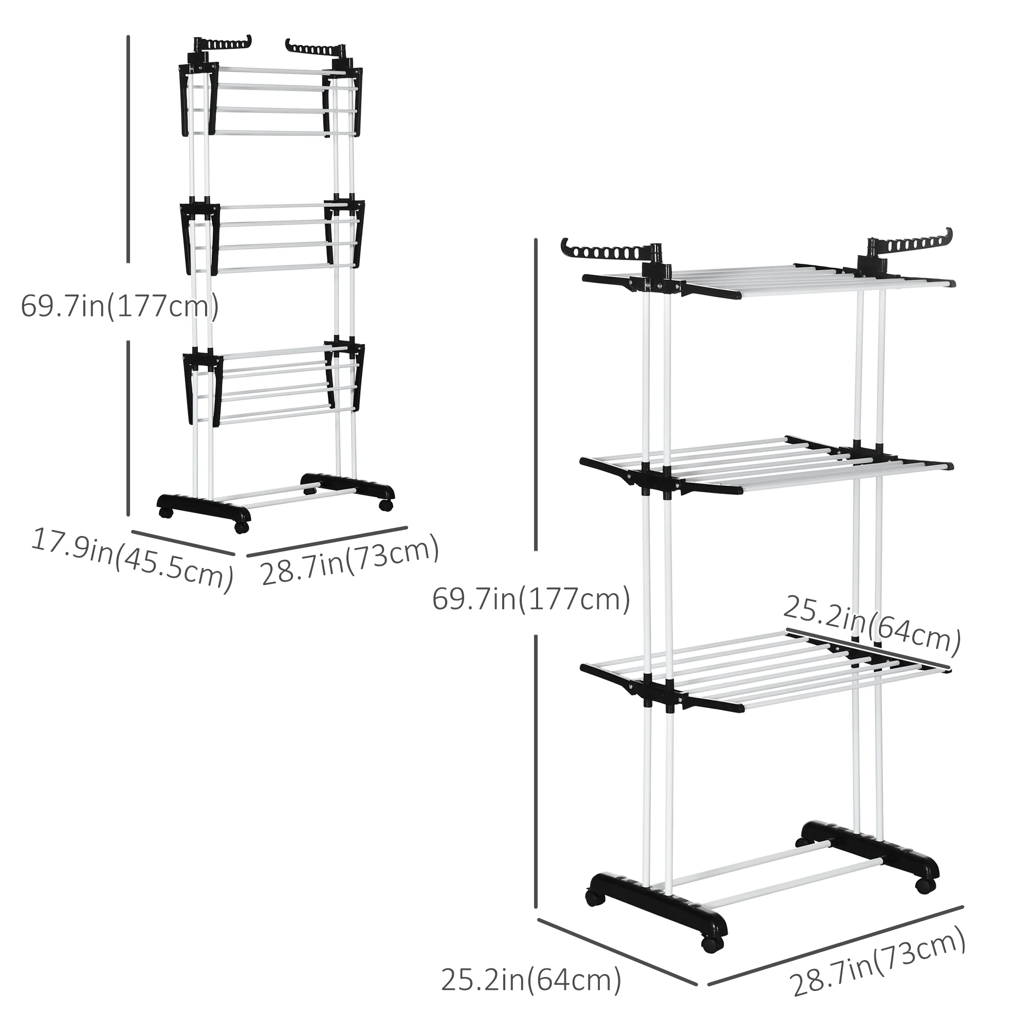 4-Tier Steel Laundry Racks for Drying Clothes with 2 Side Wings and 4 Castors, Black - Image 5