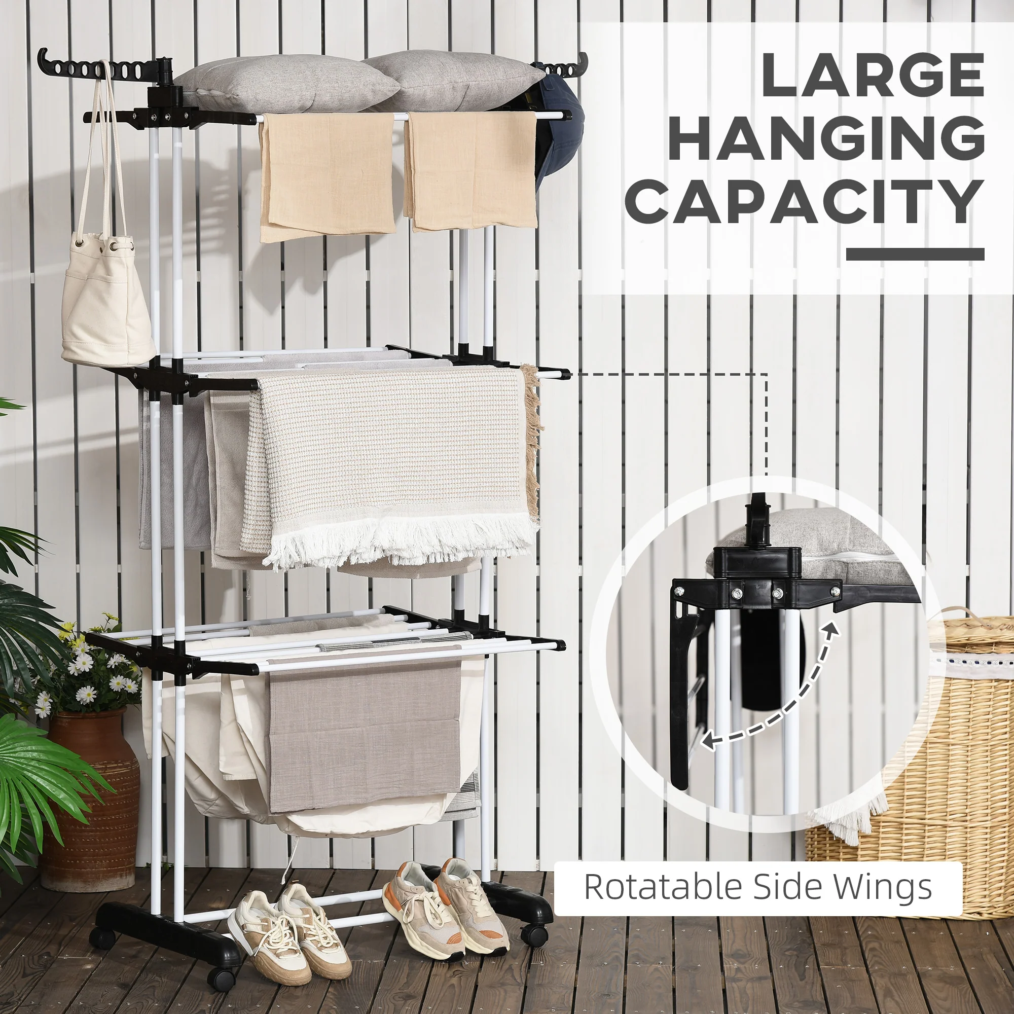4-Tier Steel Laundry Racks for Drying Clothes with 2 Side Wings and 4 Castors, Black - Image 6