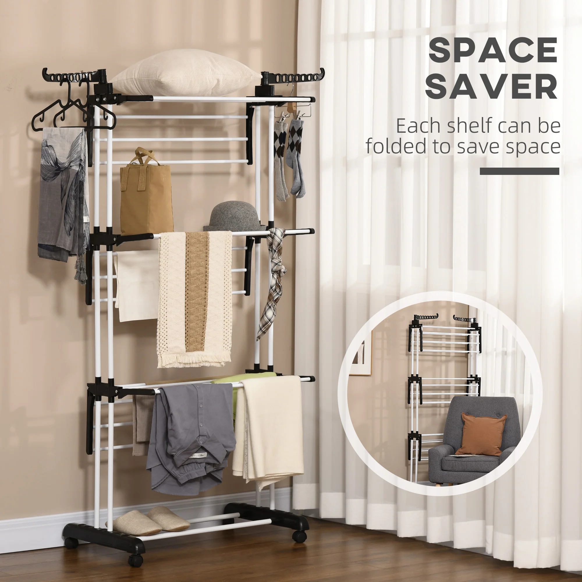 4-Tier Steel Laundry Racks for Drying Clothes with 2 Side Wings and 4 Castors, Black - Image 8