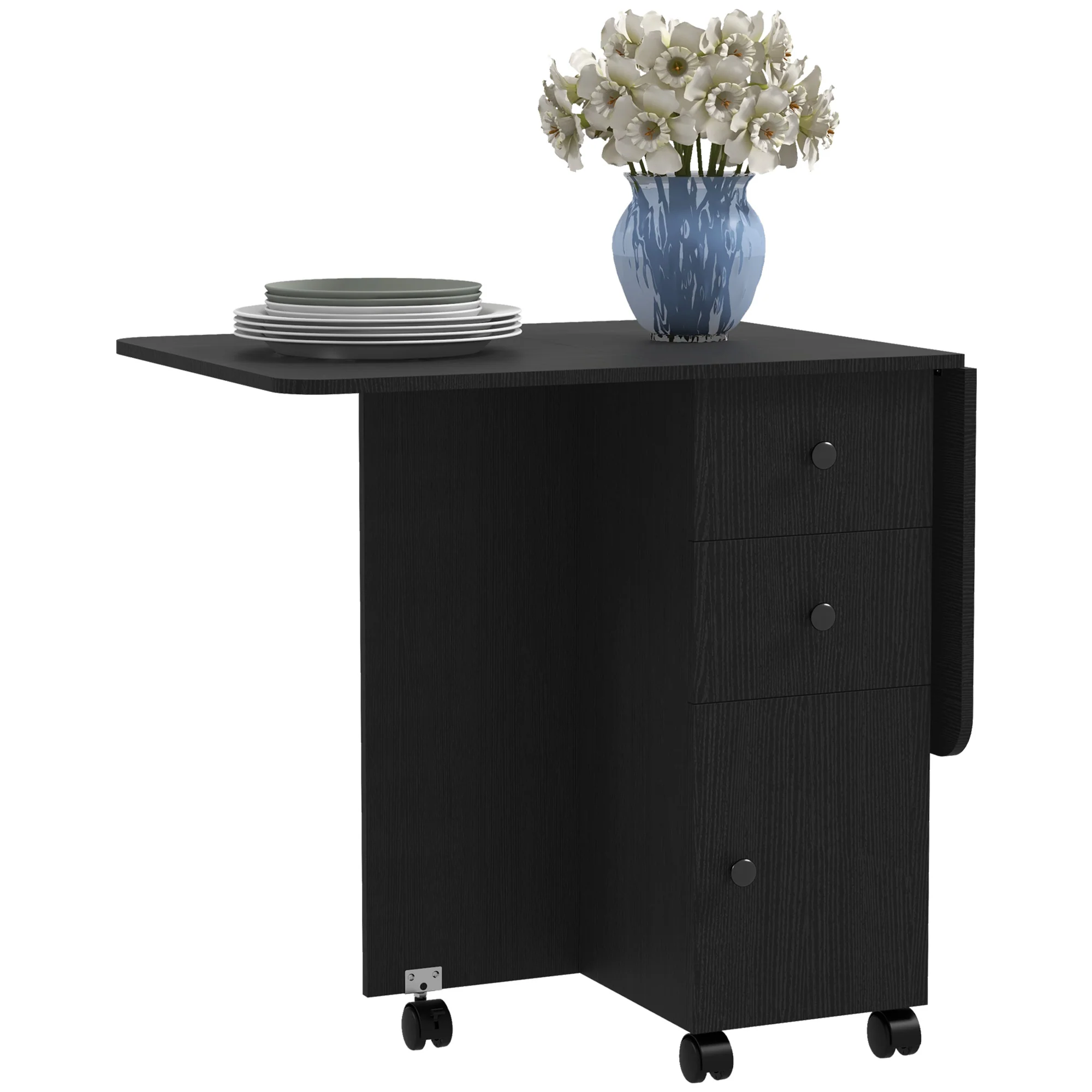 Rolling Foldable Dining Table with Storage Drawers, Black - Image 2