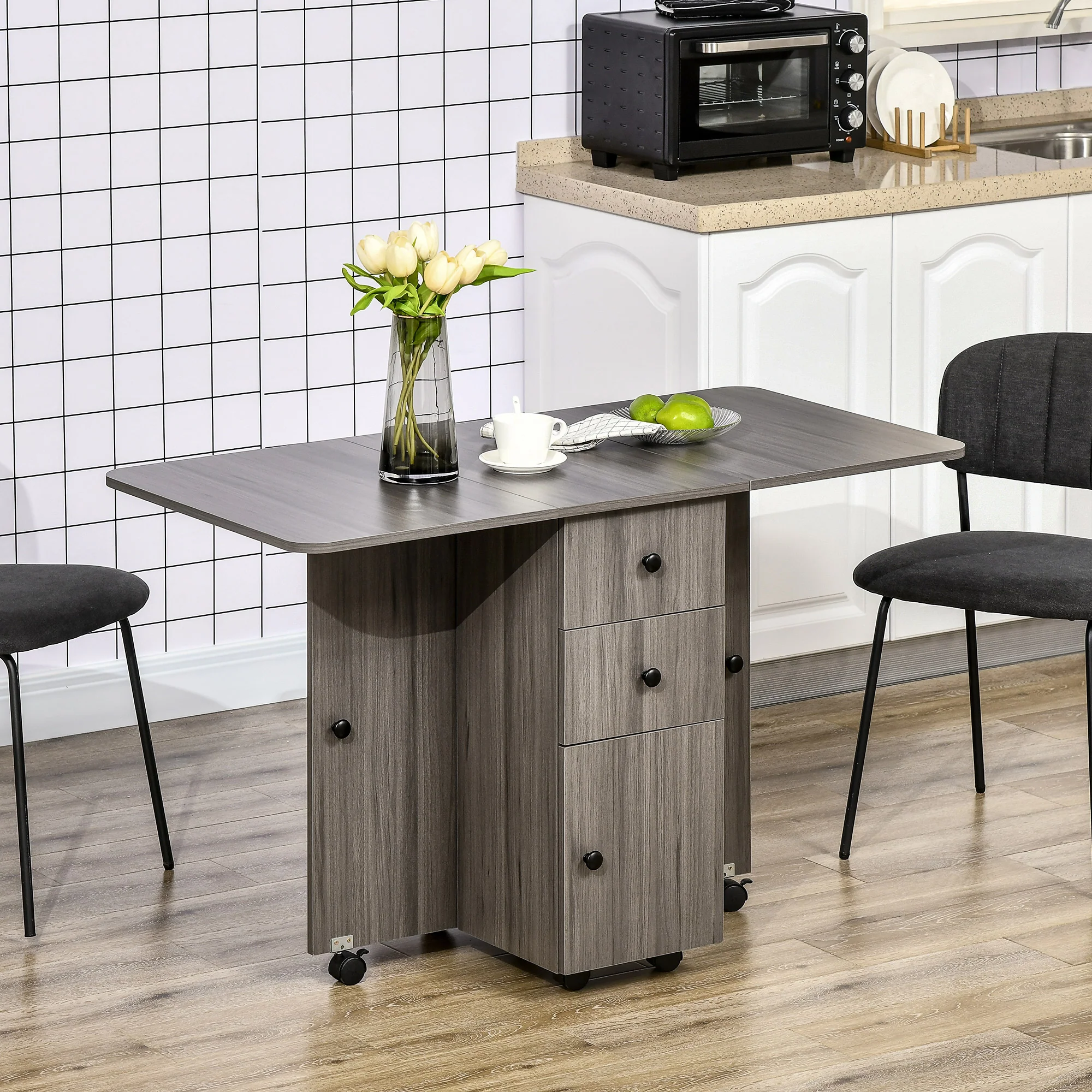 Rolling Foldable Dining Table with Storage Drawers, Grey - Image 12