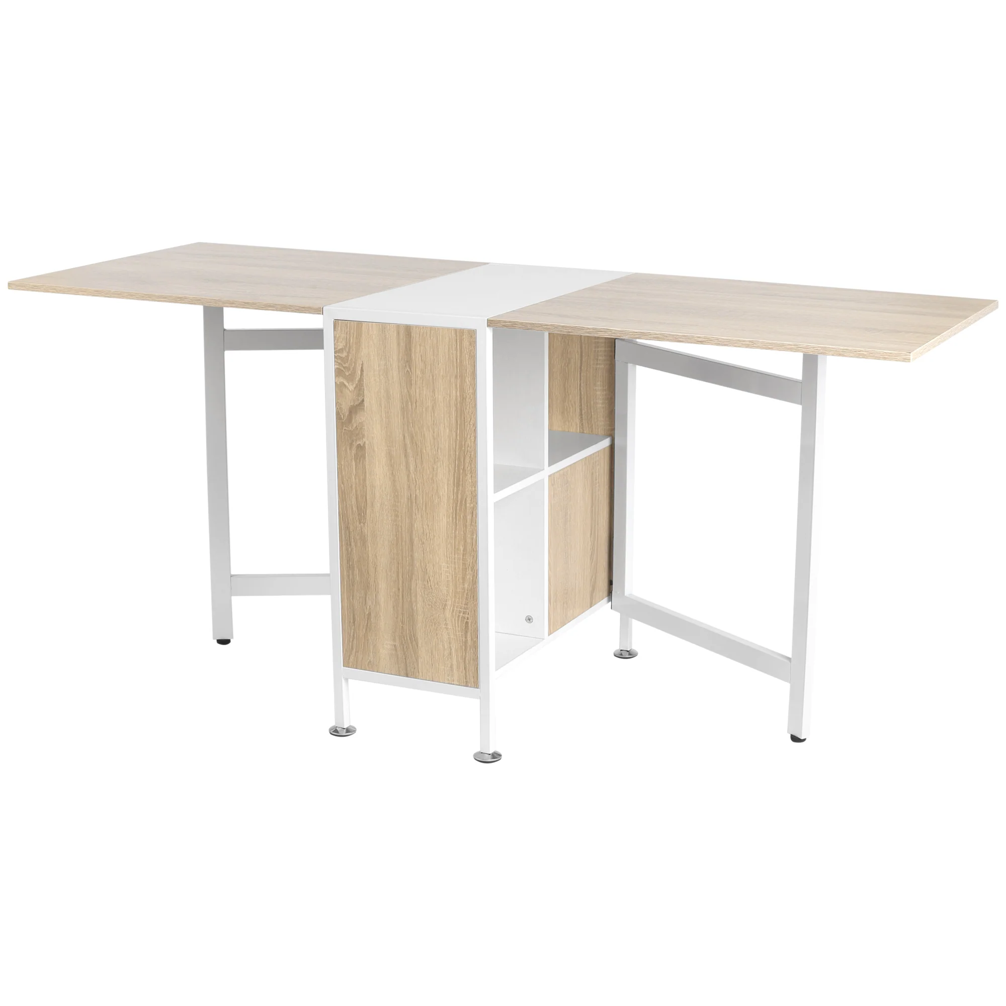 Foldable Drop Leaf Dining Table Folding Workstation for Small Space with Storage Shelves Cubes Oak & White - Image 2
