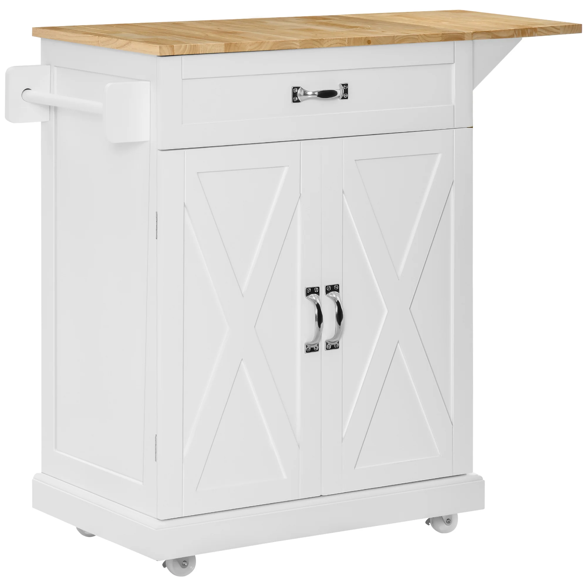 Foldable Kitchen Island on Wheels with Drop Leaf Wood Top, White - Image 2