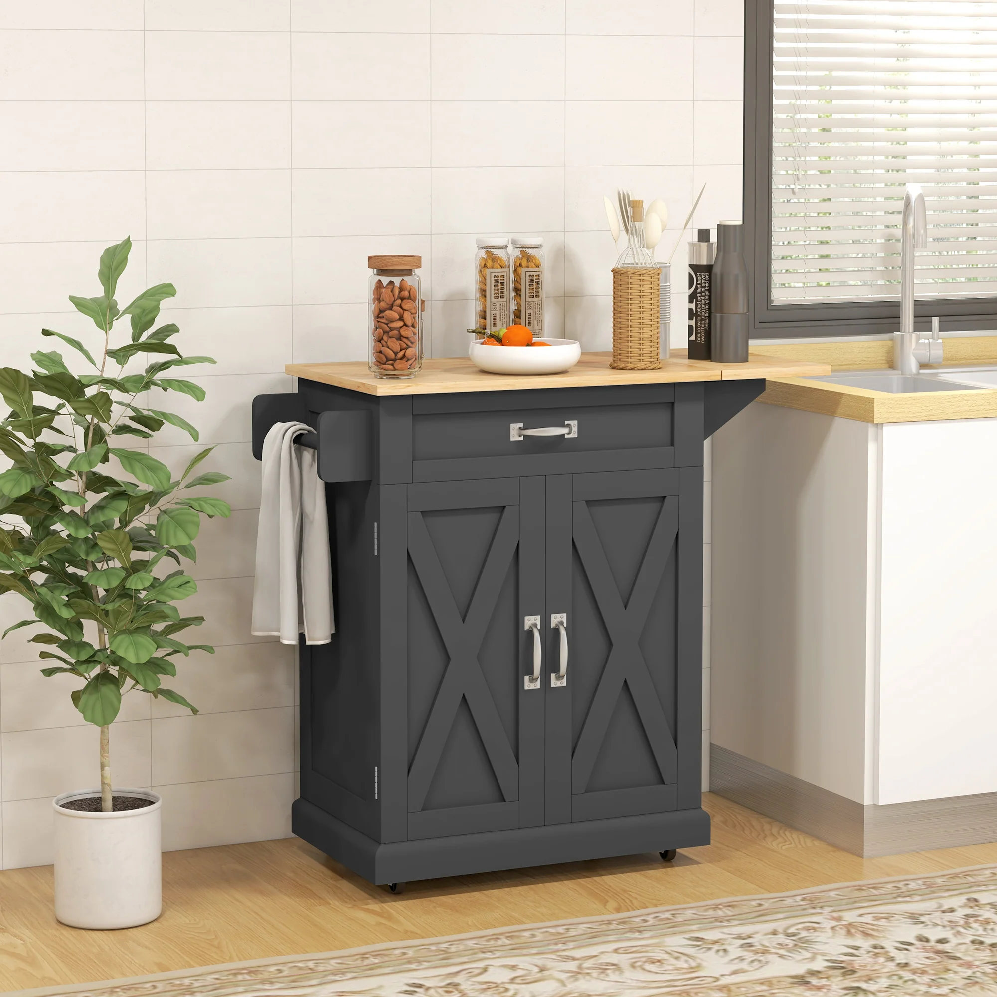 Foldable Kitchen Island on Wheels with Drop Leaf Wood Top, Black - Image 3
