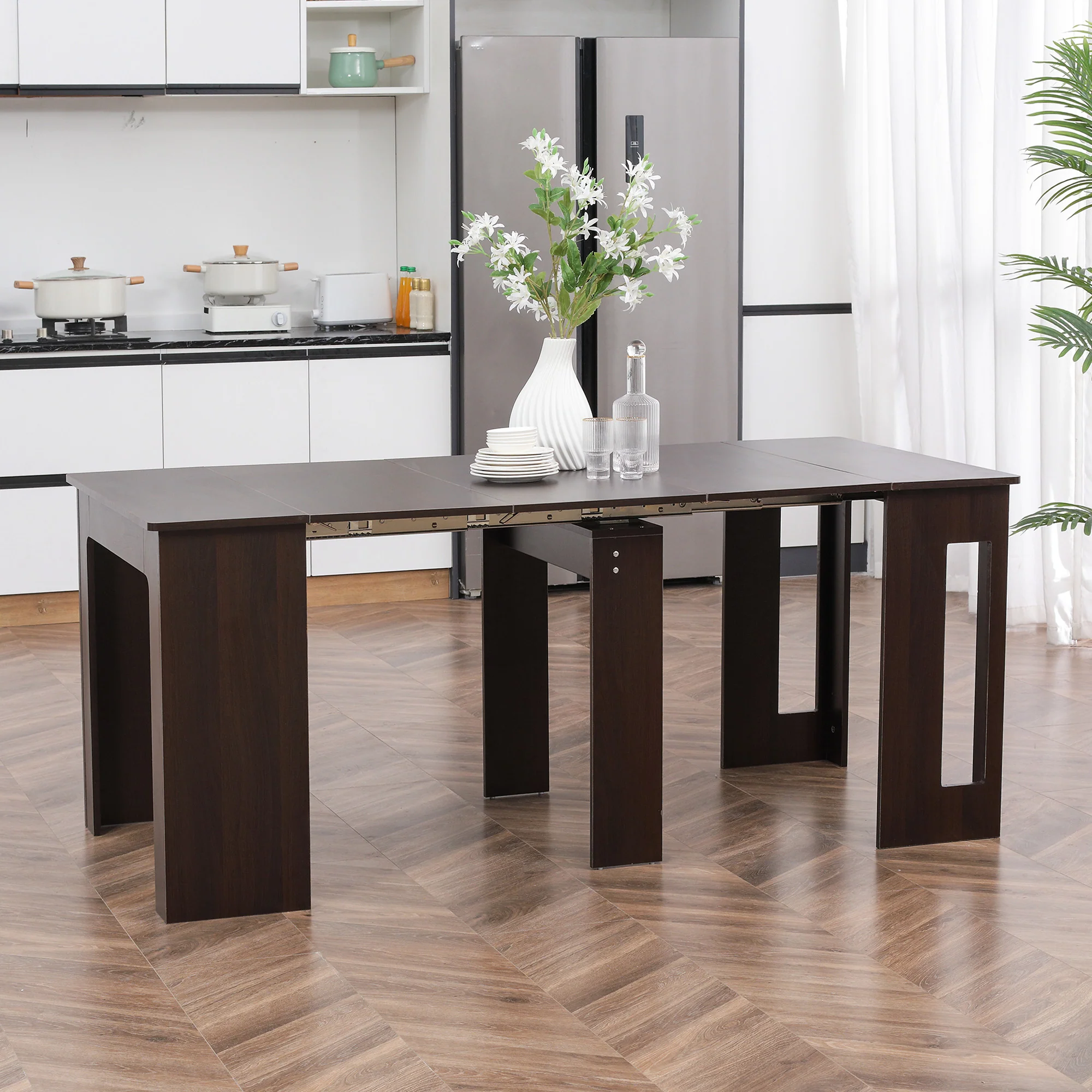 Foldable Extendable Dining Table for 6 People, Dark Brown - Image 4