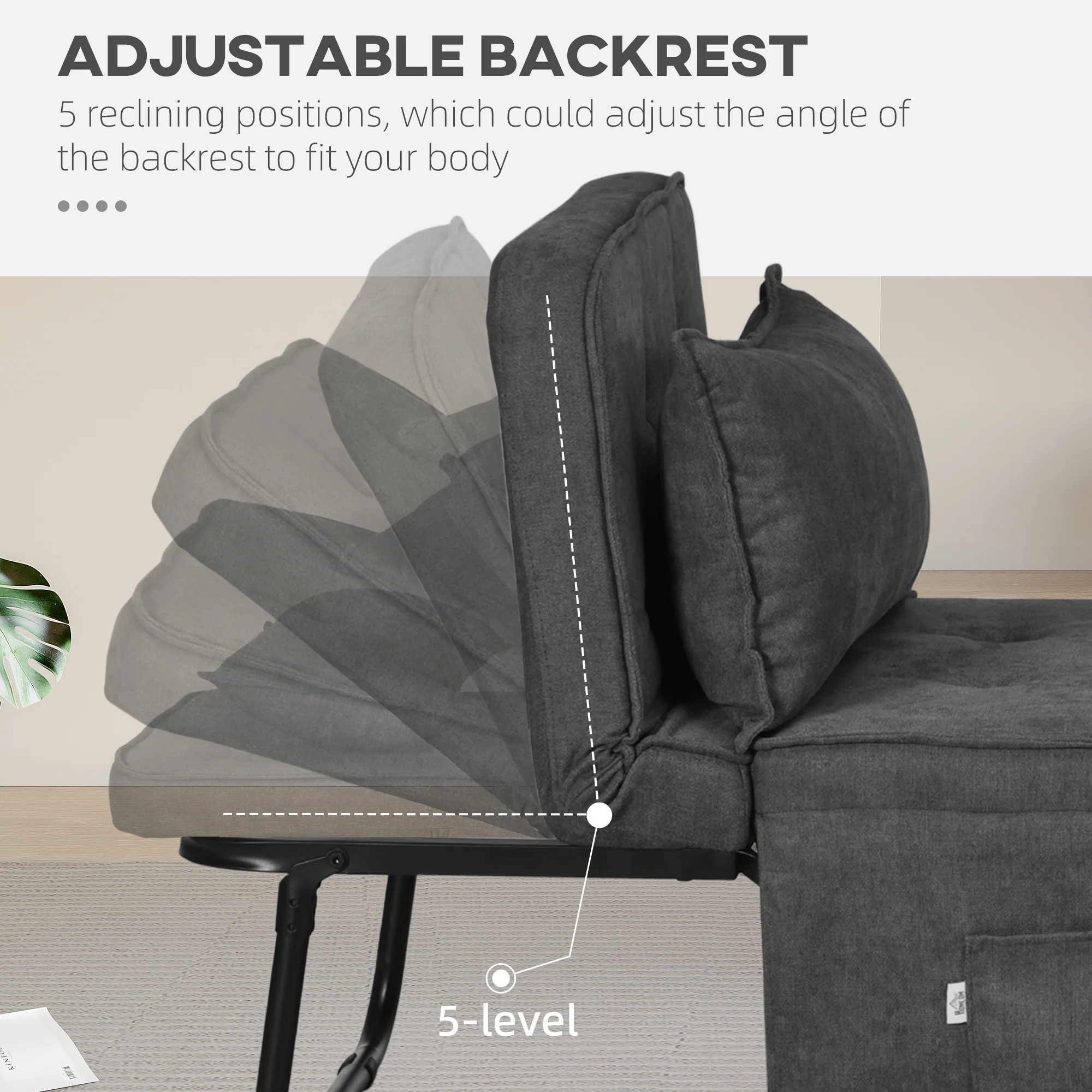 4-in-1 Folding Sleeper Chair Bed with Adjustable Backrest, Pillow, Charcoal Grey - Image 7
