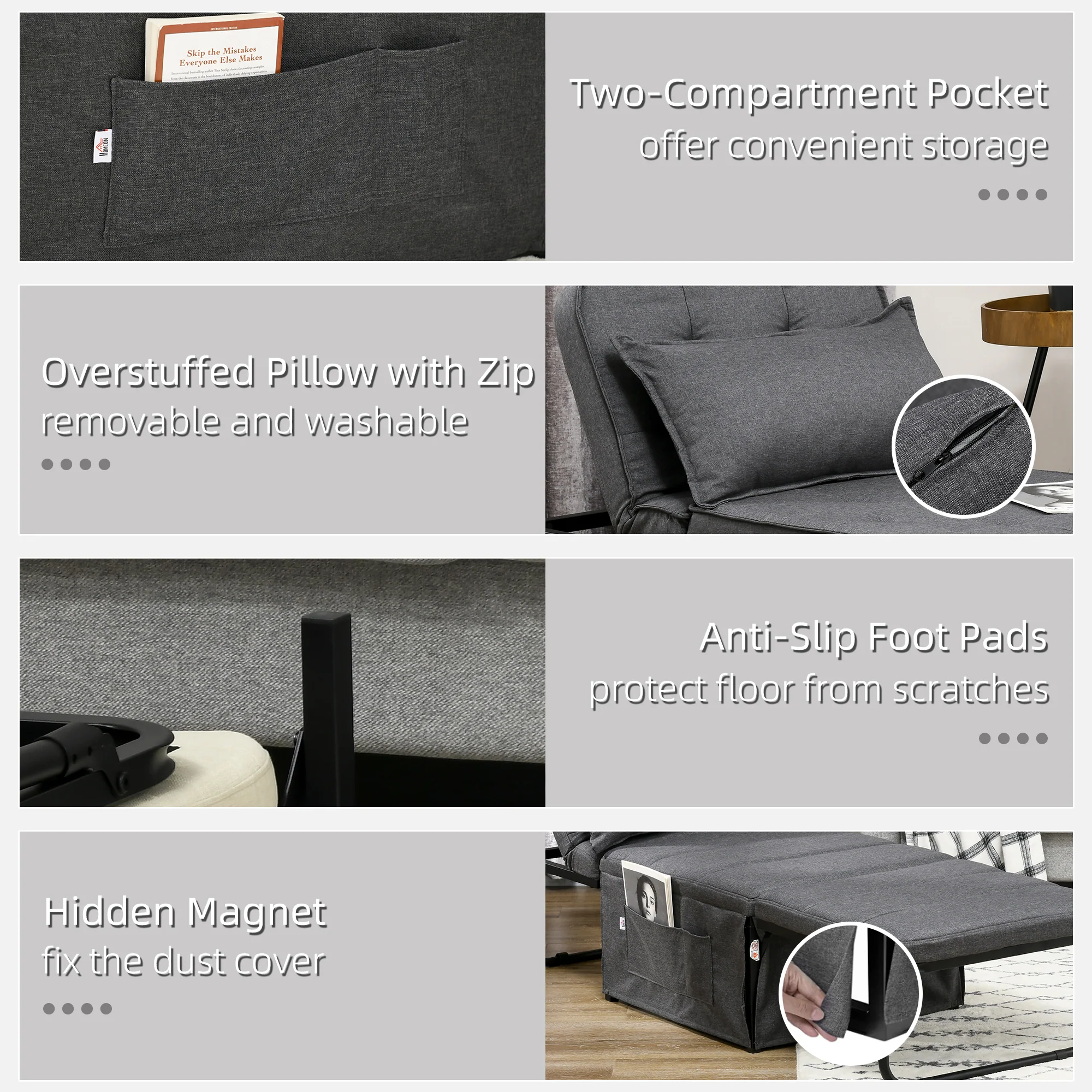 4-in-1 Folding Sleeper Chair Bed with Adjustable Backrest, Pillow, Charcoal Grey - Image 9