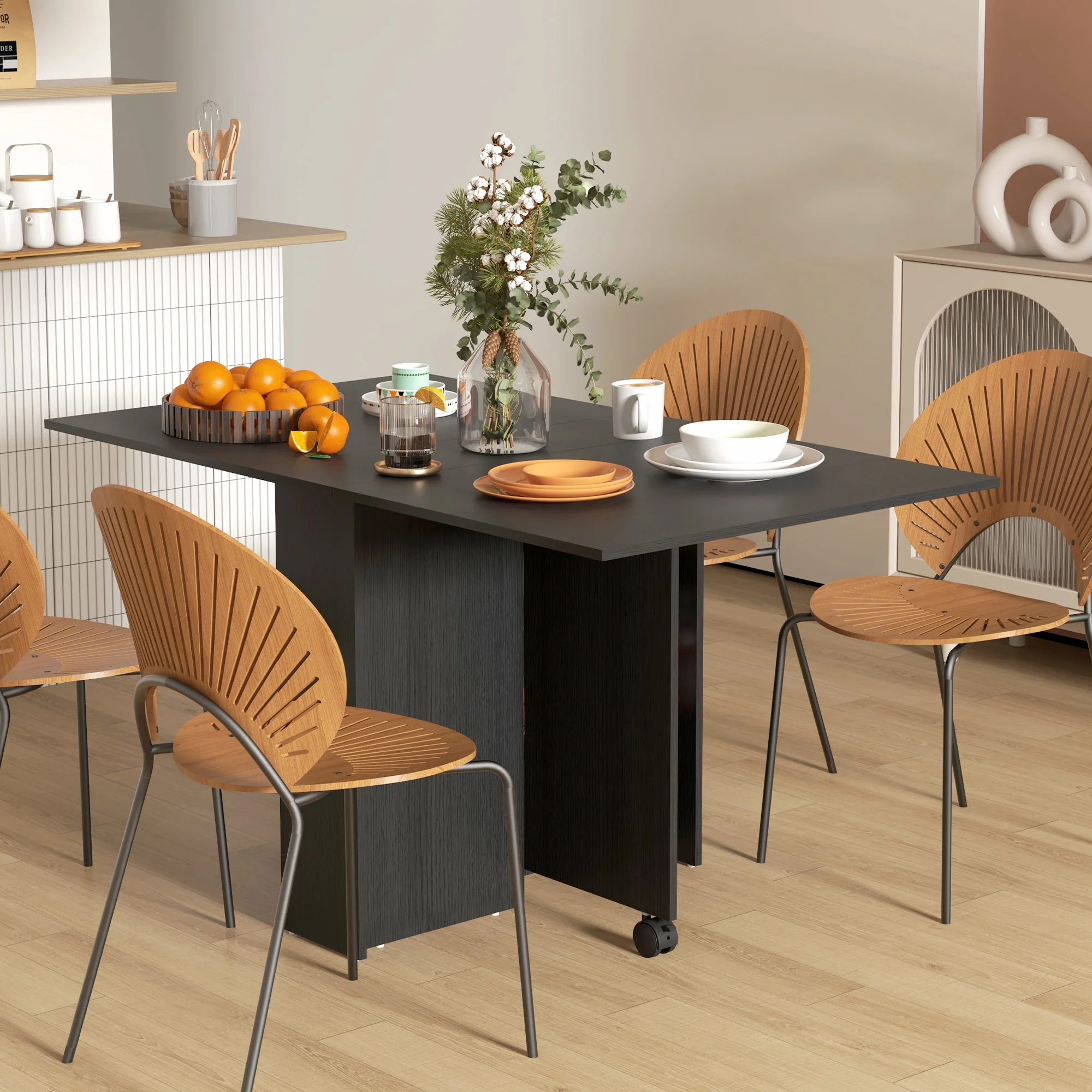 55" Folding Drop Leaf Table with Storage Shelves Space Saving Design, Black - Image 3