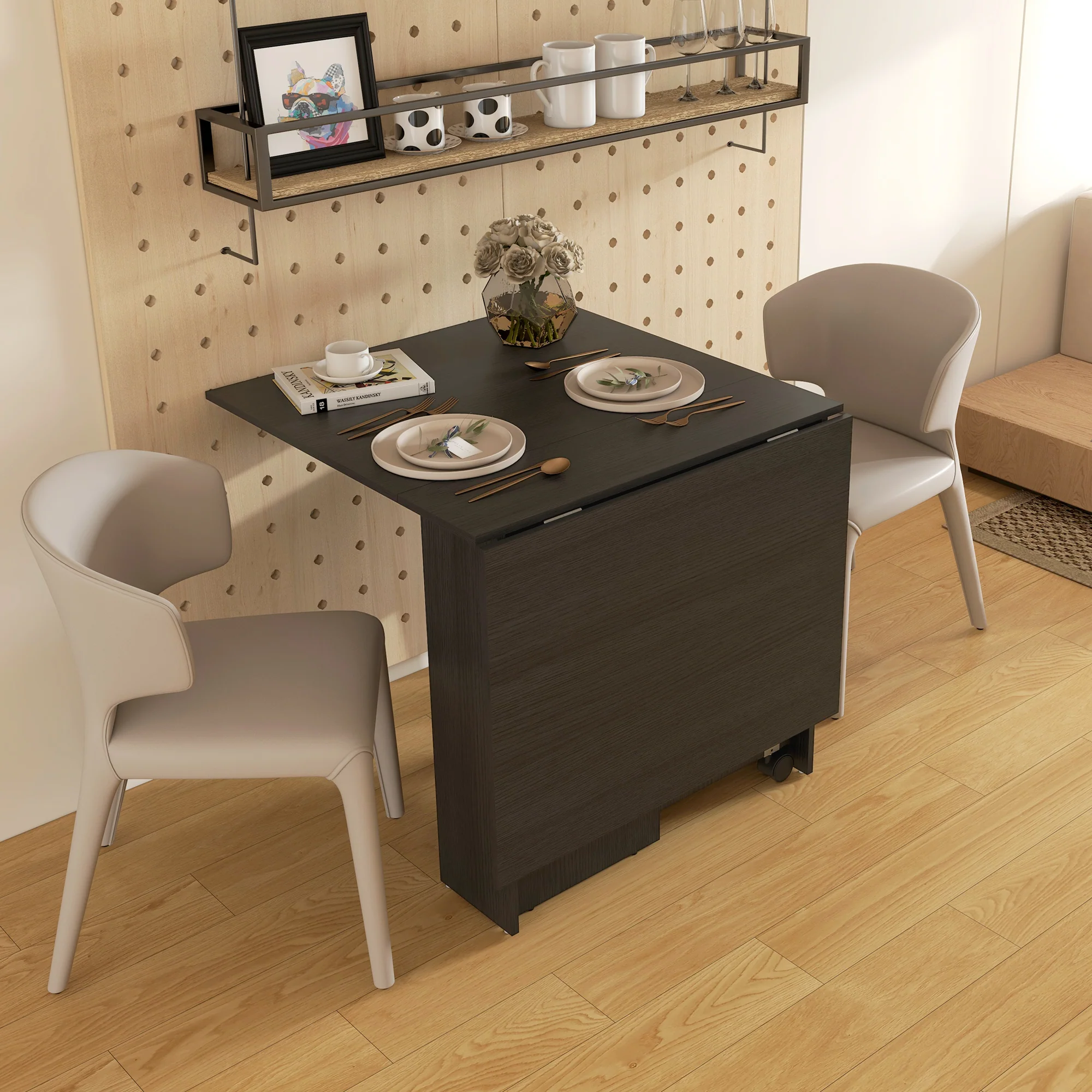 55" Folding Drop Leaf Table with Storage Shelves Space Saving Design, Black - Image 9