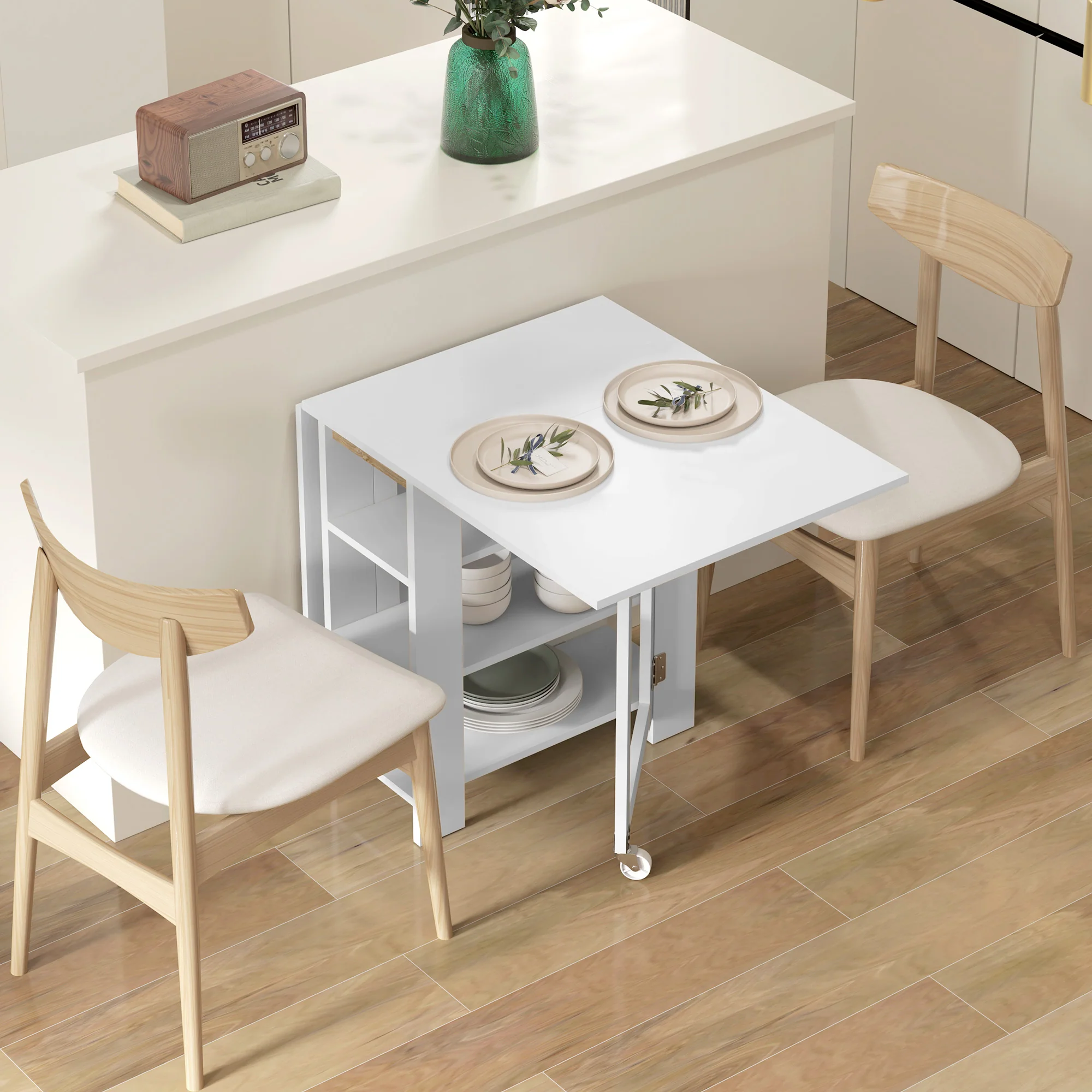 Folding Drop Leaf Dining Table with Storage Shelves for Small Spaces, White - Image 4
