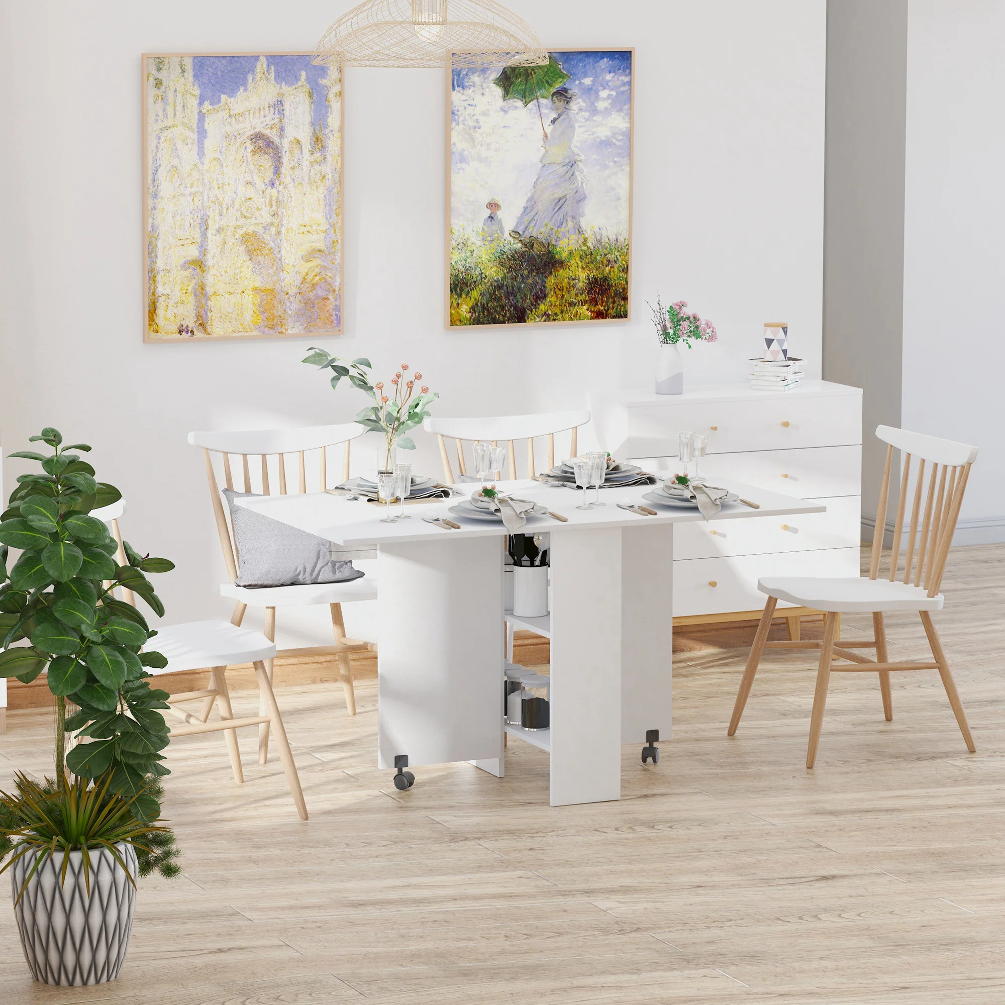 Folding Drop Leaf Table with 2 Tier Shelves for Small Spaces White - Image 4