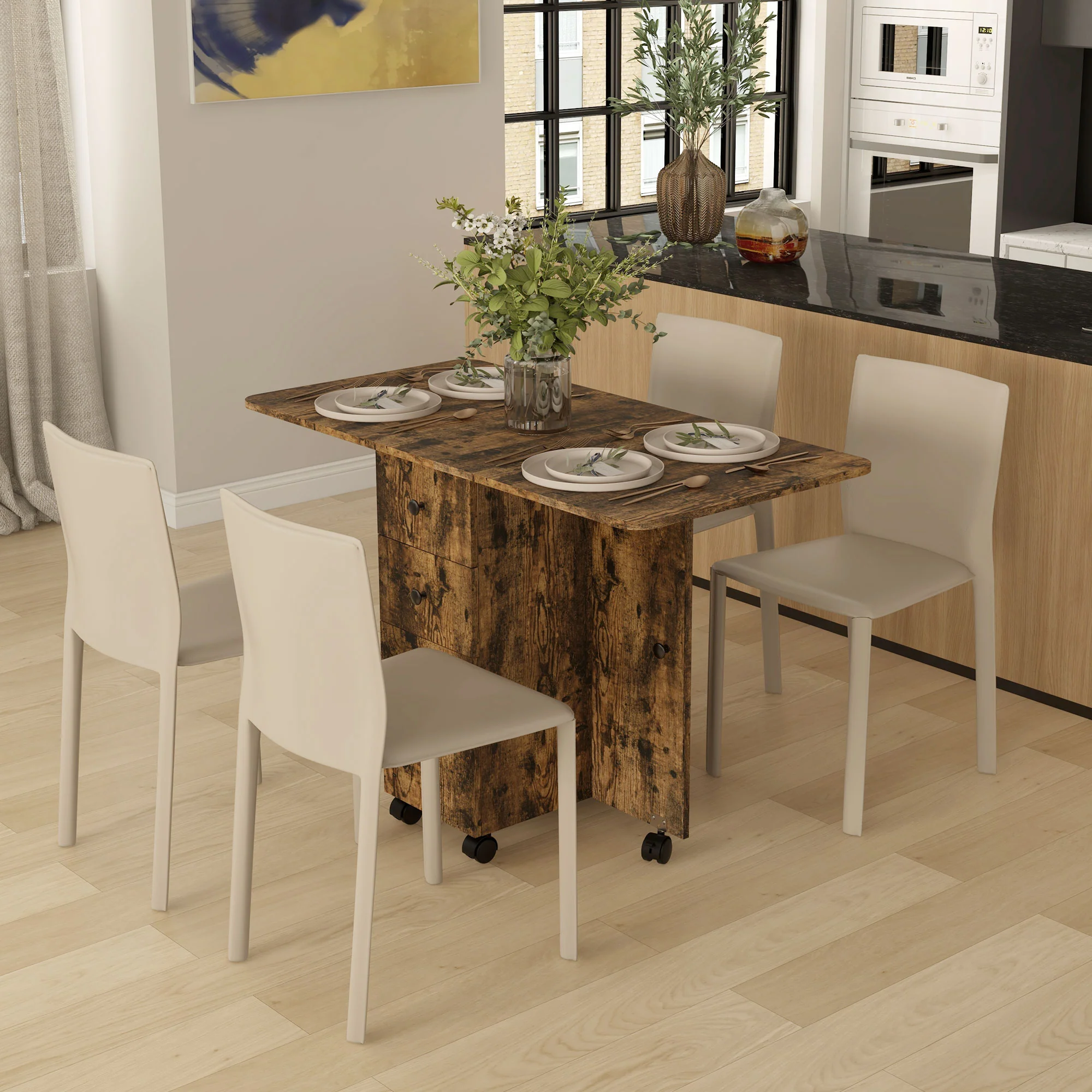 Folding Dining Table on Wheels for 4-6 with Storage Drawers, Cabinet, Rustic Brown - Image 3