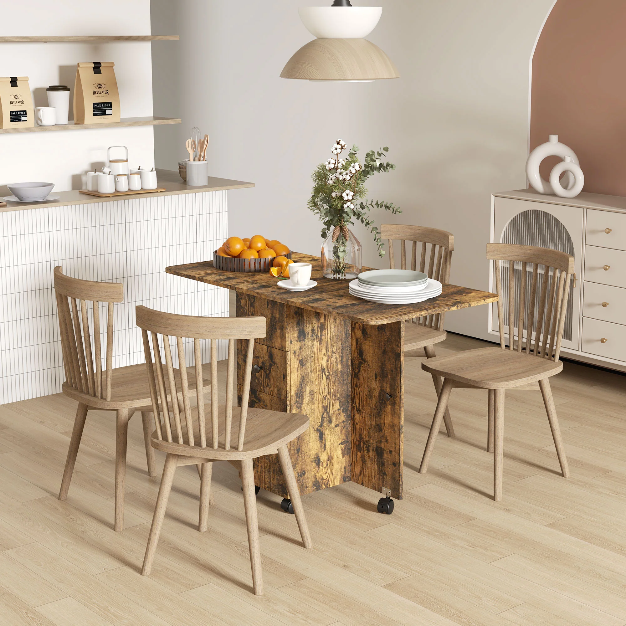 Folding Dining Table on Wheels for 4-6 with Storage Drawers, Cabinet, Rustic Brown - Image 4
