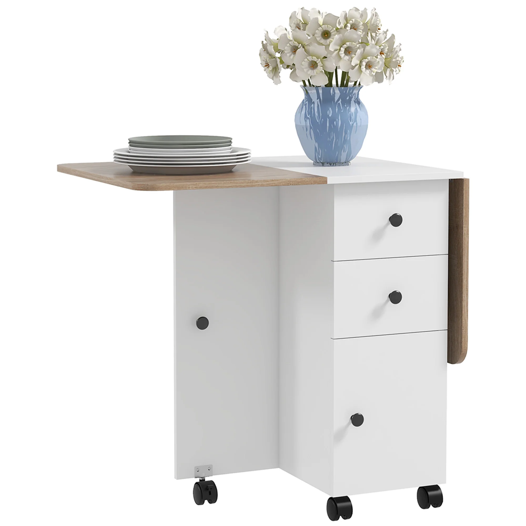 Folding Dining Table on Wheels for 4-6 with Storage Drawers, Cabinet, Oak and White - Image 2
