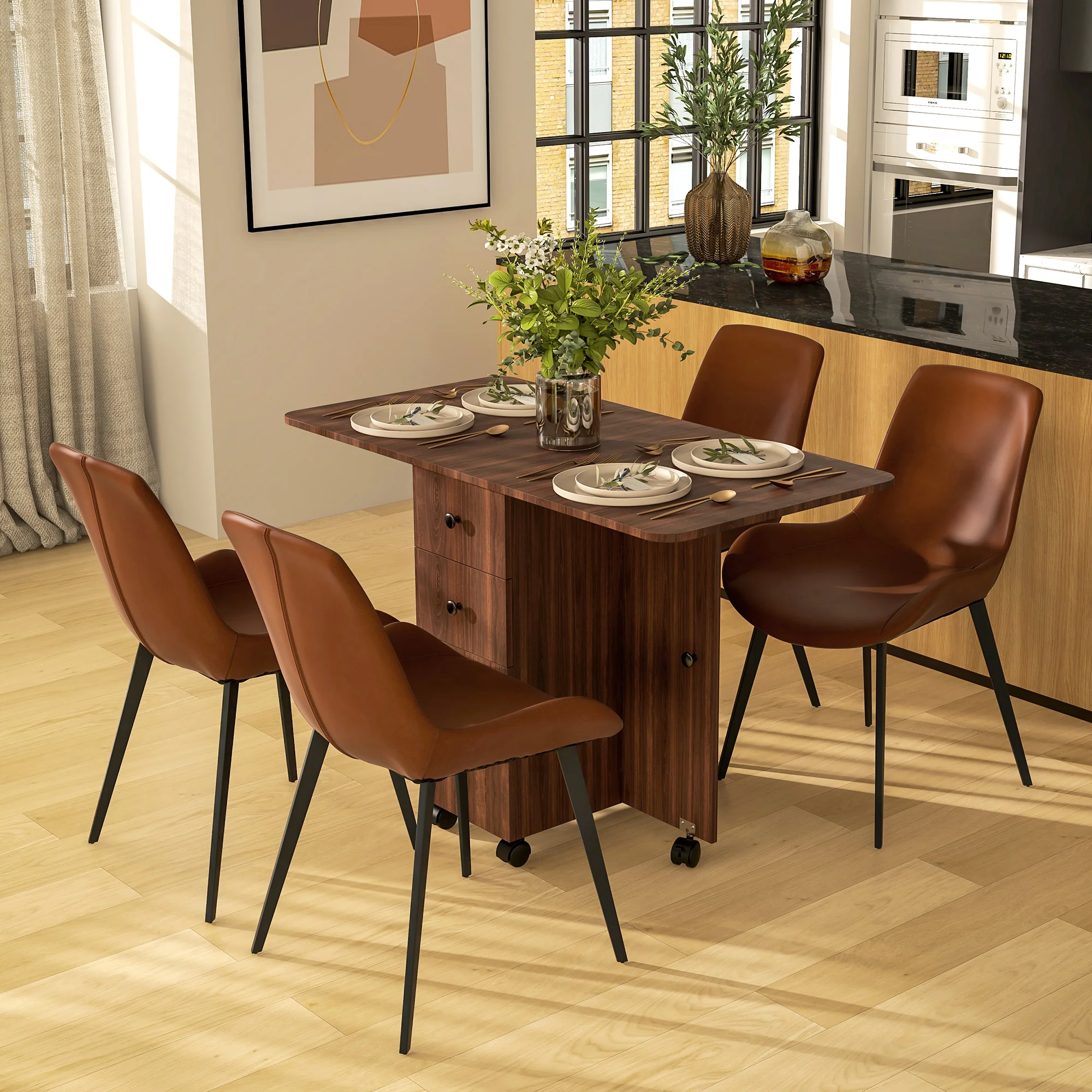 Folding Dining Table on Wheels for 4-6 with Storage Drawers, Cabinet, Distressed Brown - Image 3