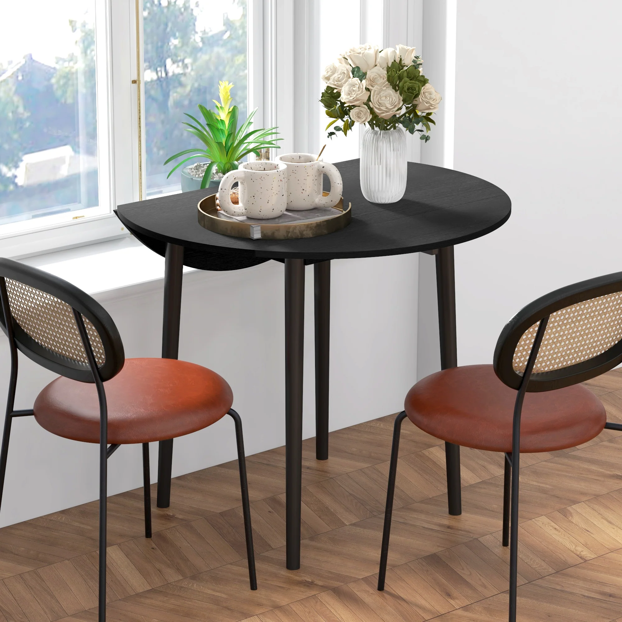 Round Folding Drop Leaf Table with Wood Legs for Small Spaces Distressed, Black - Image 9